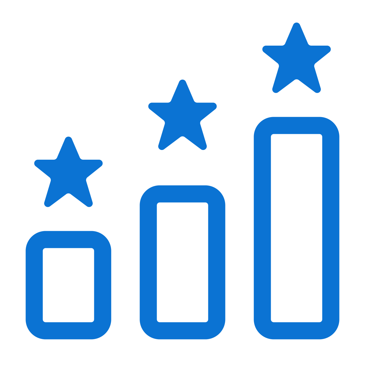 Blue bar chart with three ascending bars and three blue stars above each bar.