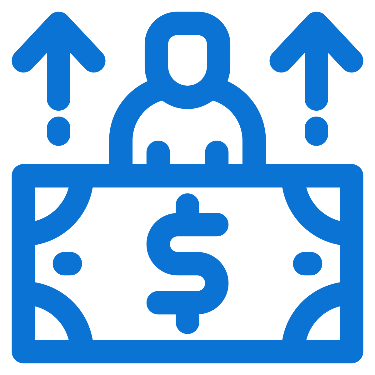 A blue icon of a person with dollar bills and arrows indicating money transfer or financial transaction.