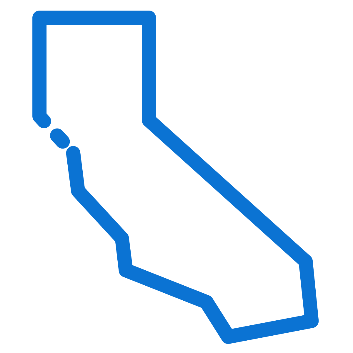 Outline map of the state of California in blue.