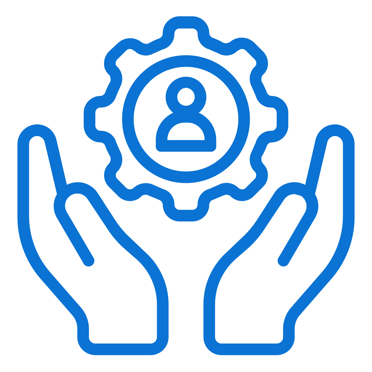Icon of two hands holding a gear with a person inside