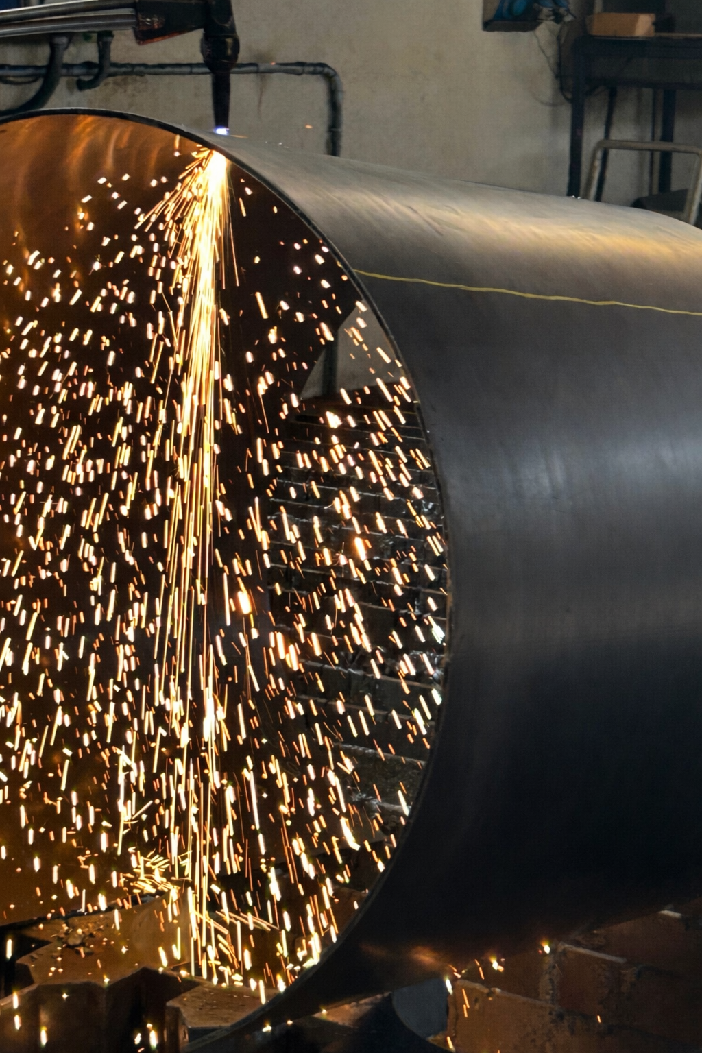 Sputa di scintille durante un processo di saldatura di un grande tubo di metallo in un'officina