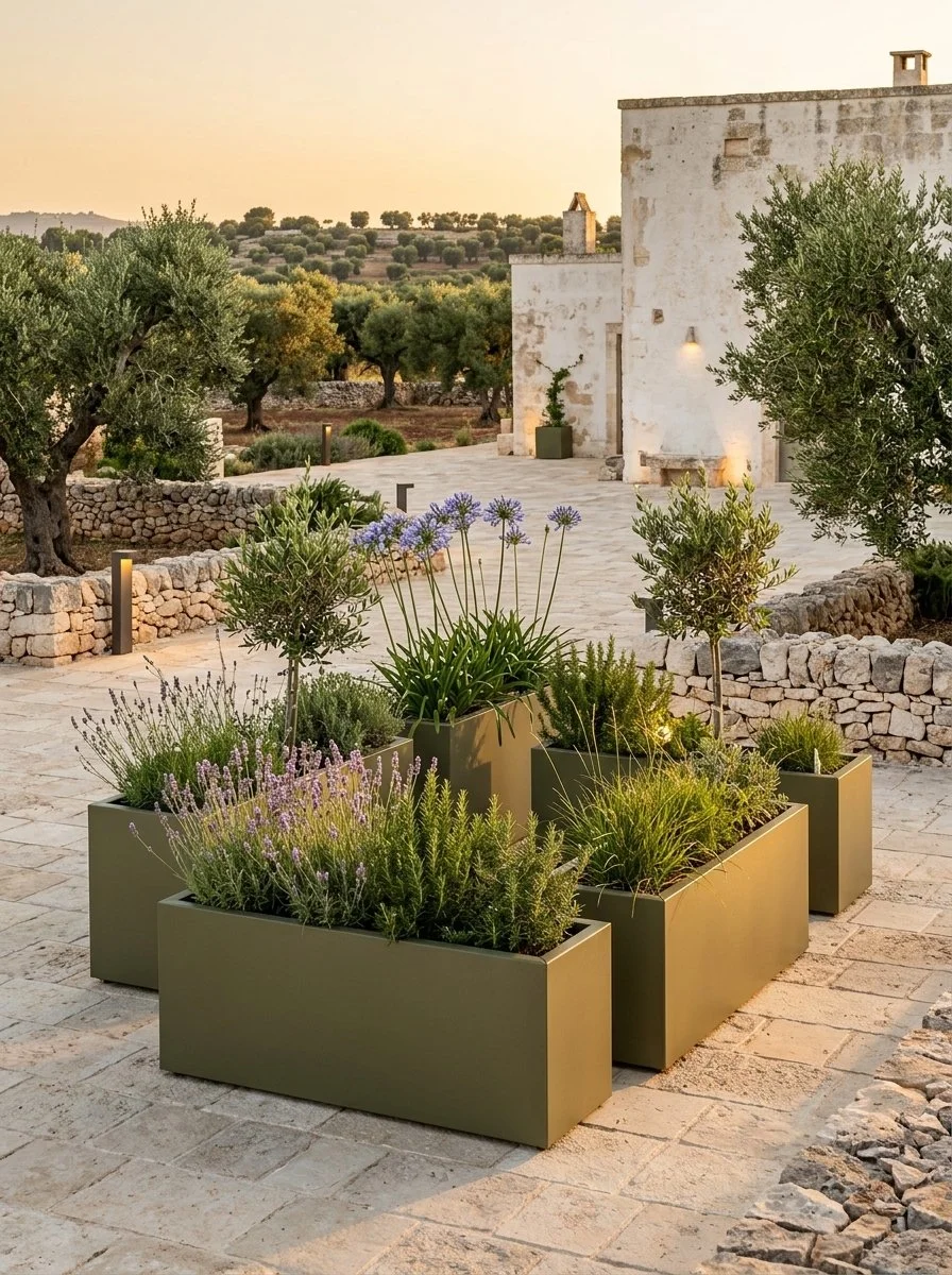Giardino con piante in recipienti quadrati verdi, olivi, lanterne da giardino, parete bianca di una casa in pietra, alberi di olivo e campagna sullo sfondo, al tramonto.