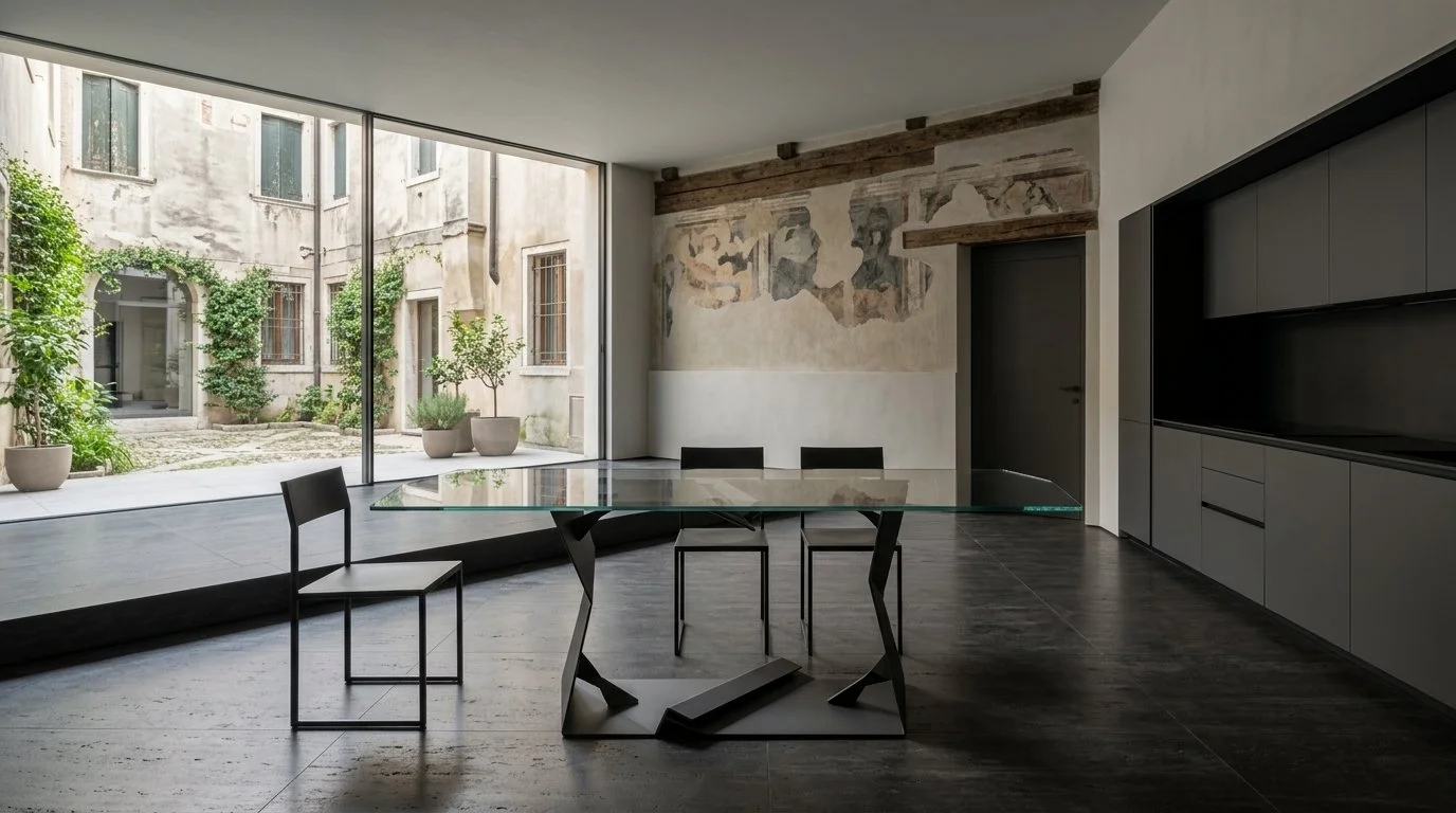 Tavolo Elmar con piano in vetro e base in metallo nero opaco