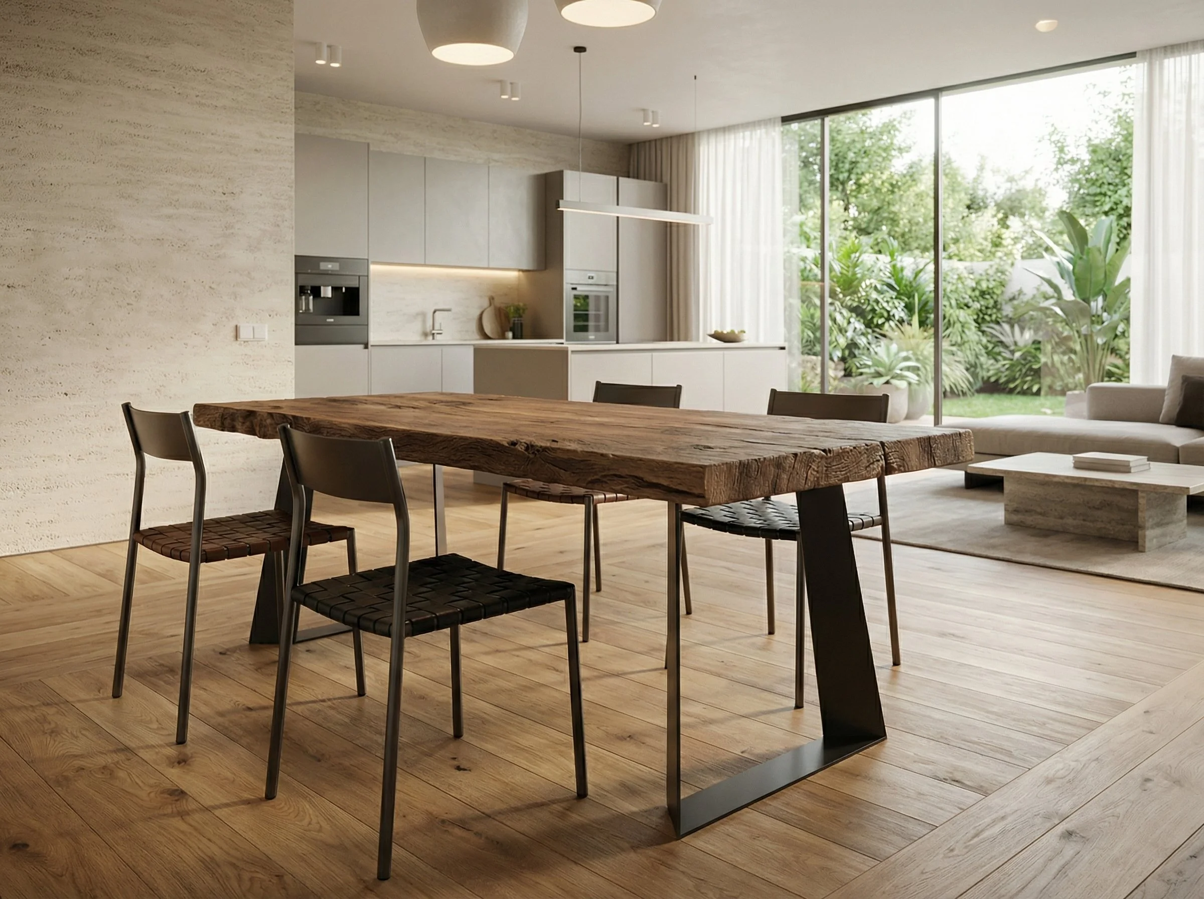 Interno di una cucina e zona soggiorno moderna con tavolo di legno, sedie nere, pareti chiare, grande finestra con vista su giardino.