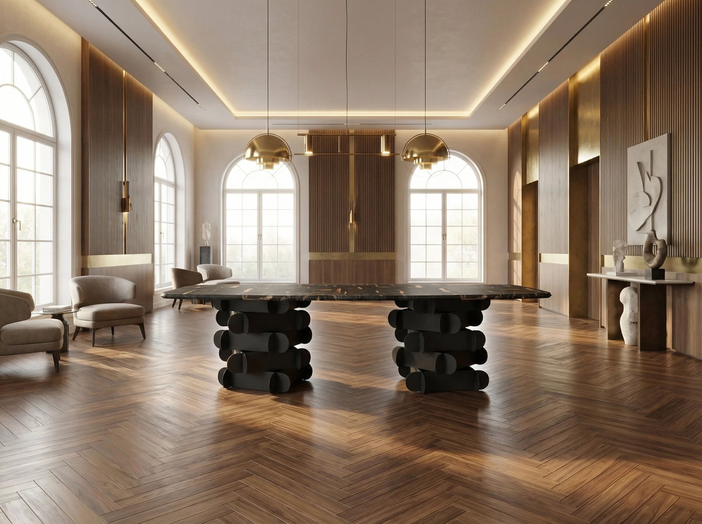 Interno di una sala elegante con grandi finestre, pareti di legno e decorazioni moderne, con un grande tavolo nero e sedie.