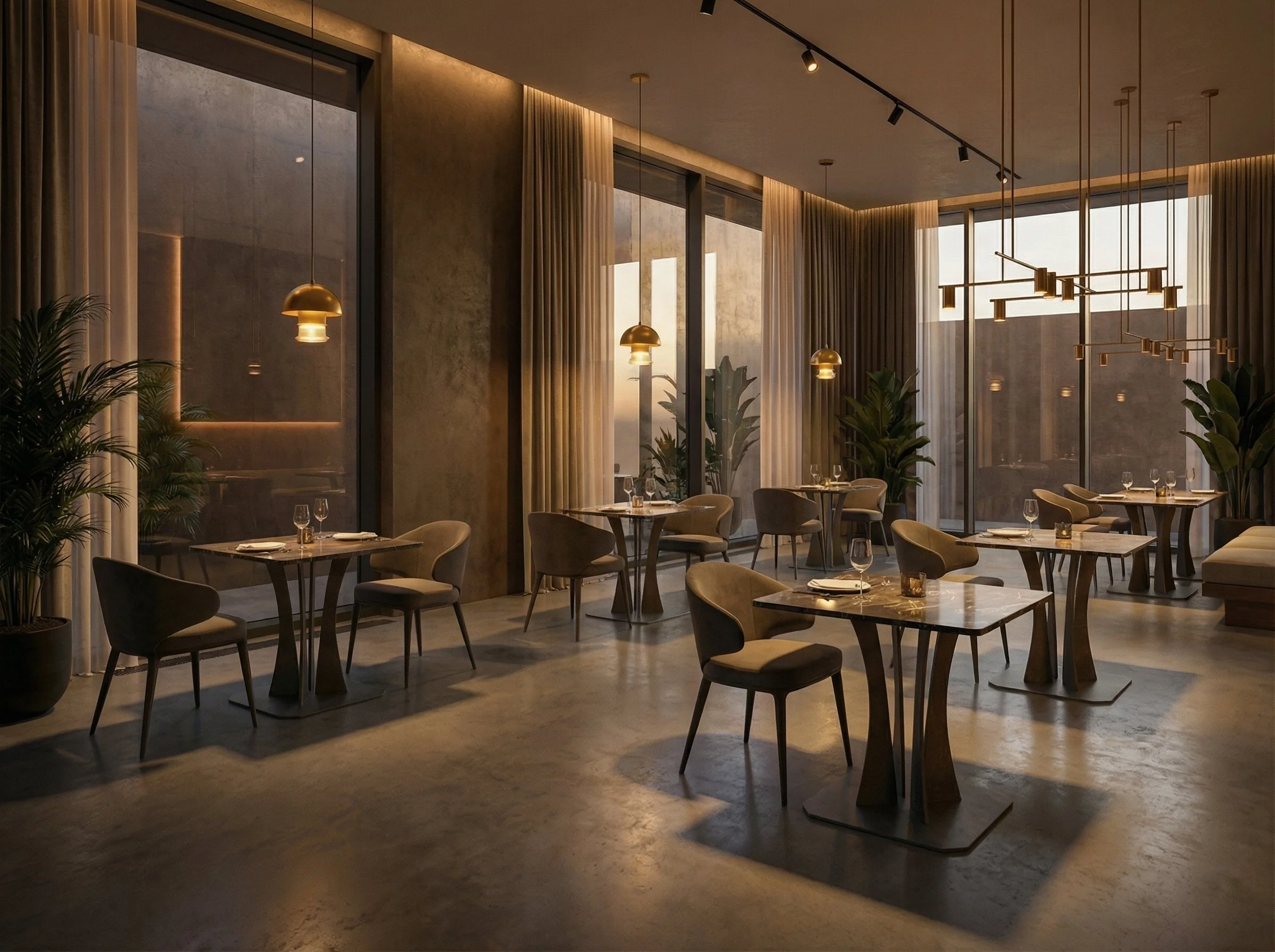 Ristorante elegante con tavoli apparecchiati, sedie moderne, grandi finestre con tende, piante e illuminazione calda.