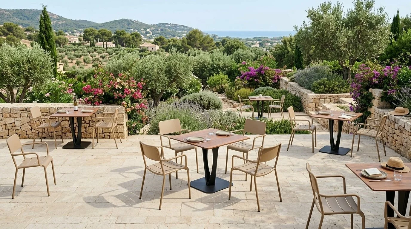 Terrazza all'aperto con tavoli e sedie, vista su un giardino con alberi e fiori, sullo sfondo si vede il mare e le colline.