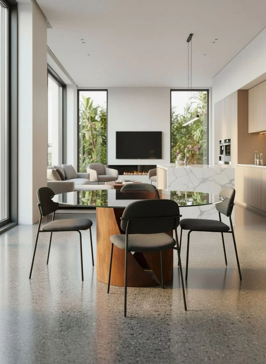 Interno di una casa moderna con tavolo rotondo e sedie nere al centro, divani bianchi e televisore a parete nella zona soggiorno, grandi finestre con vista su piante verdi.