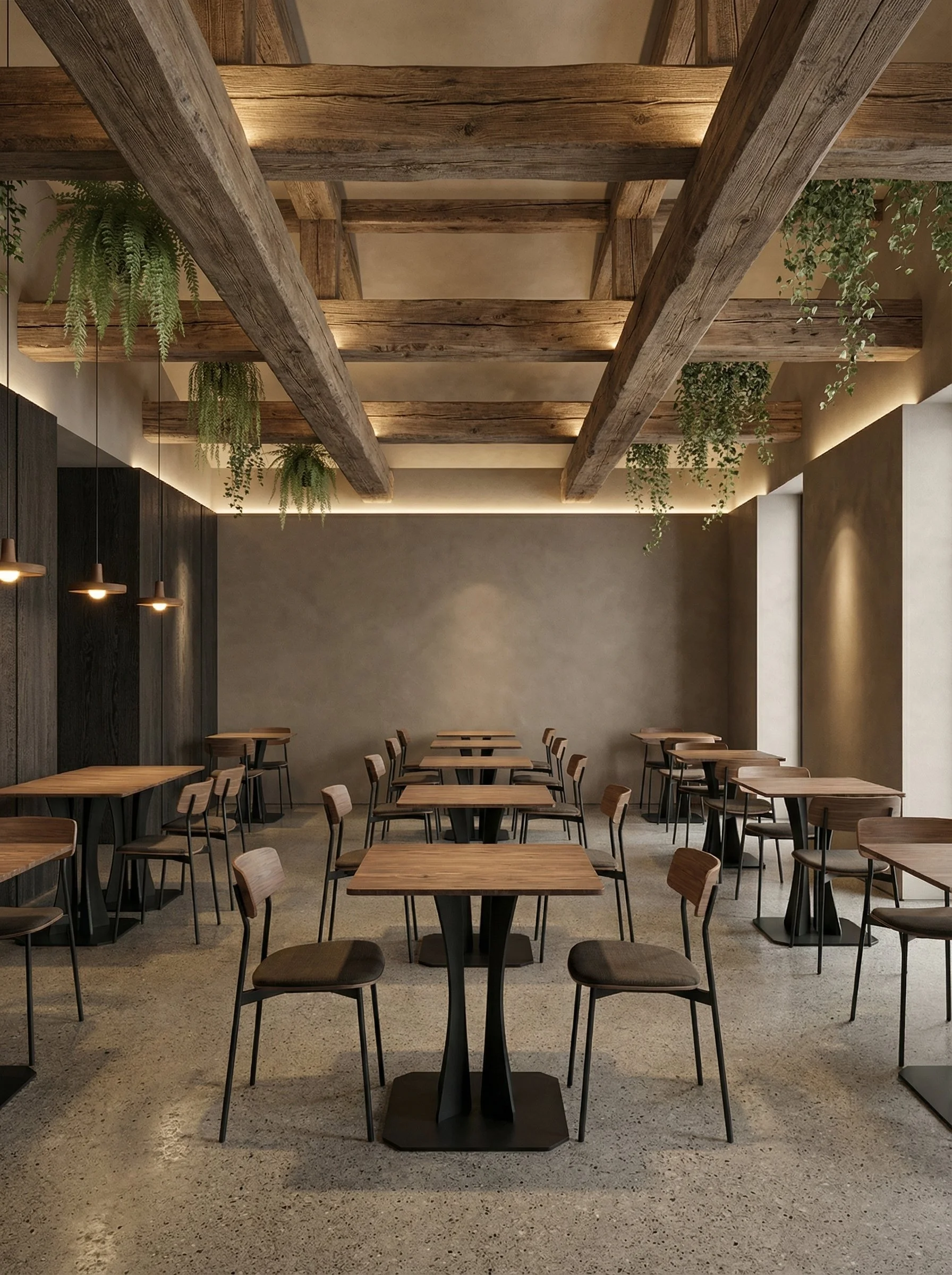 Interno di un ristorante con tavoli in legno e sedie, soffitto con travi di legno e piante pendenti, pareti di tonalità neutre, illuminazione calda.