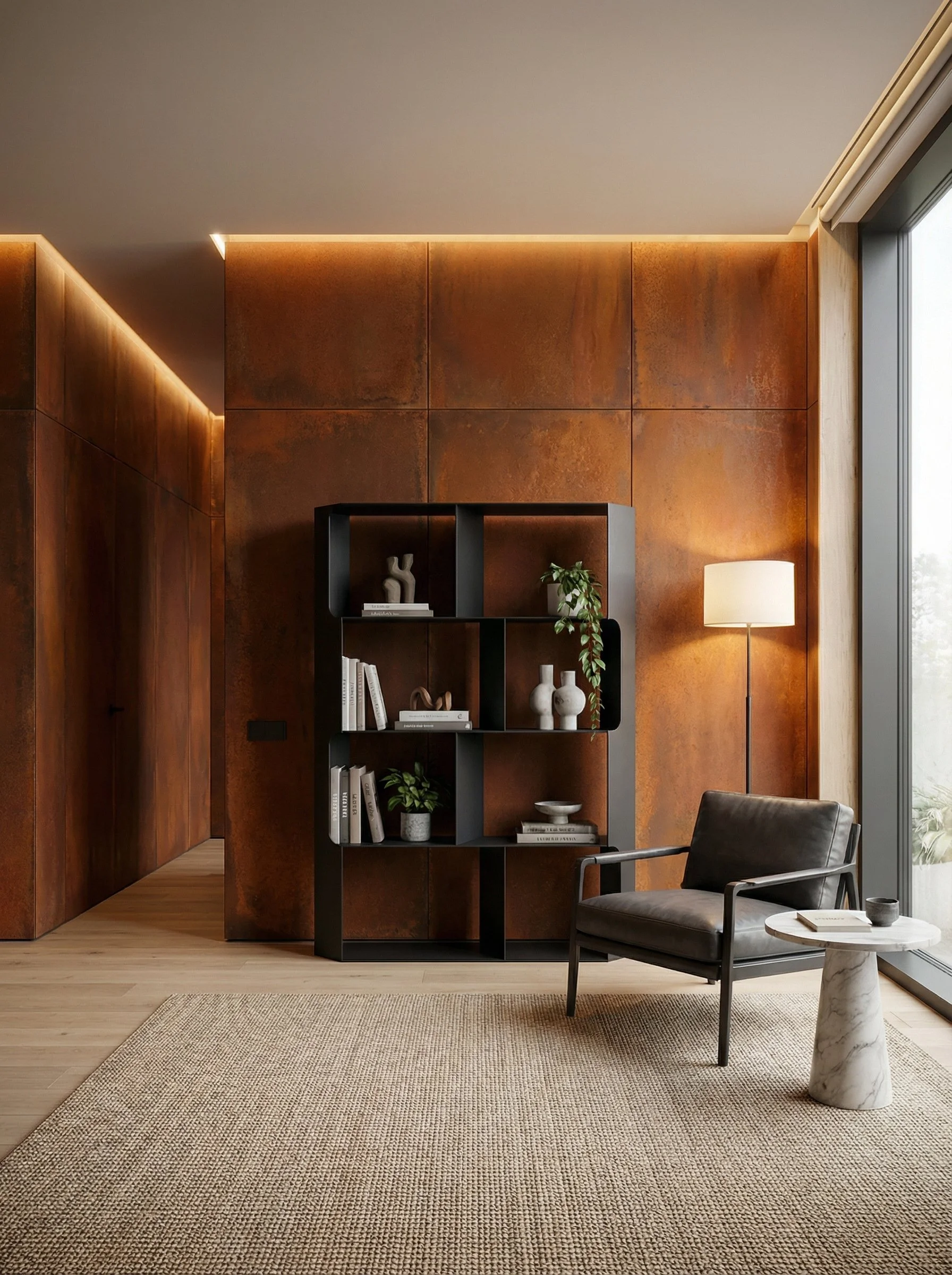 Un angolo di soggiorno con pareti di ferro arrugginito, un comò nero con scaffalature con oggetti decorativi e piante, una lampada da terra accesa, una sedia in pelle e un tavolino di marmo con libri, tutto su un tappeto di tessuto naturale e vicino a una grande finestra.