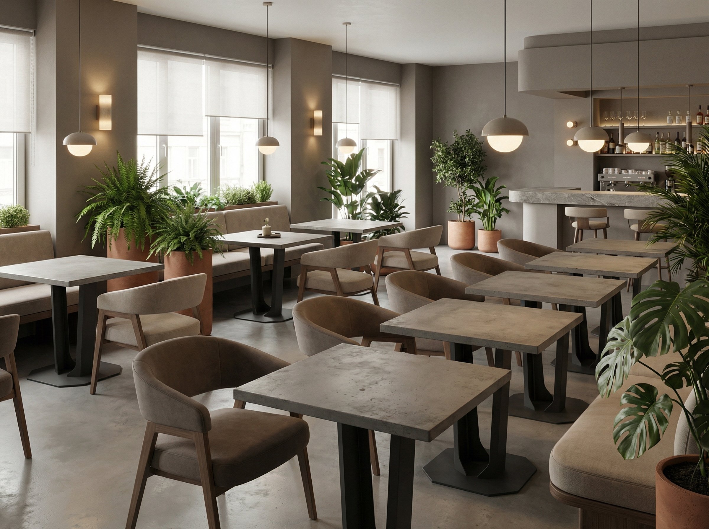 Interno di un bar o ristorante con tavoli e sedie in stile moderno, molte piante verdi e un'illuminazione soffusa.
