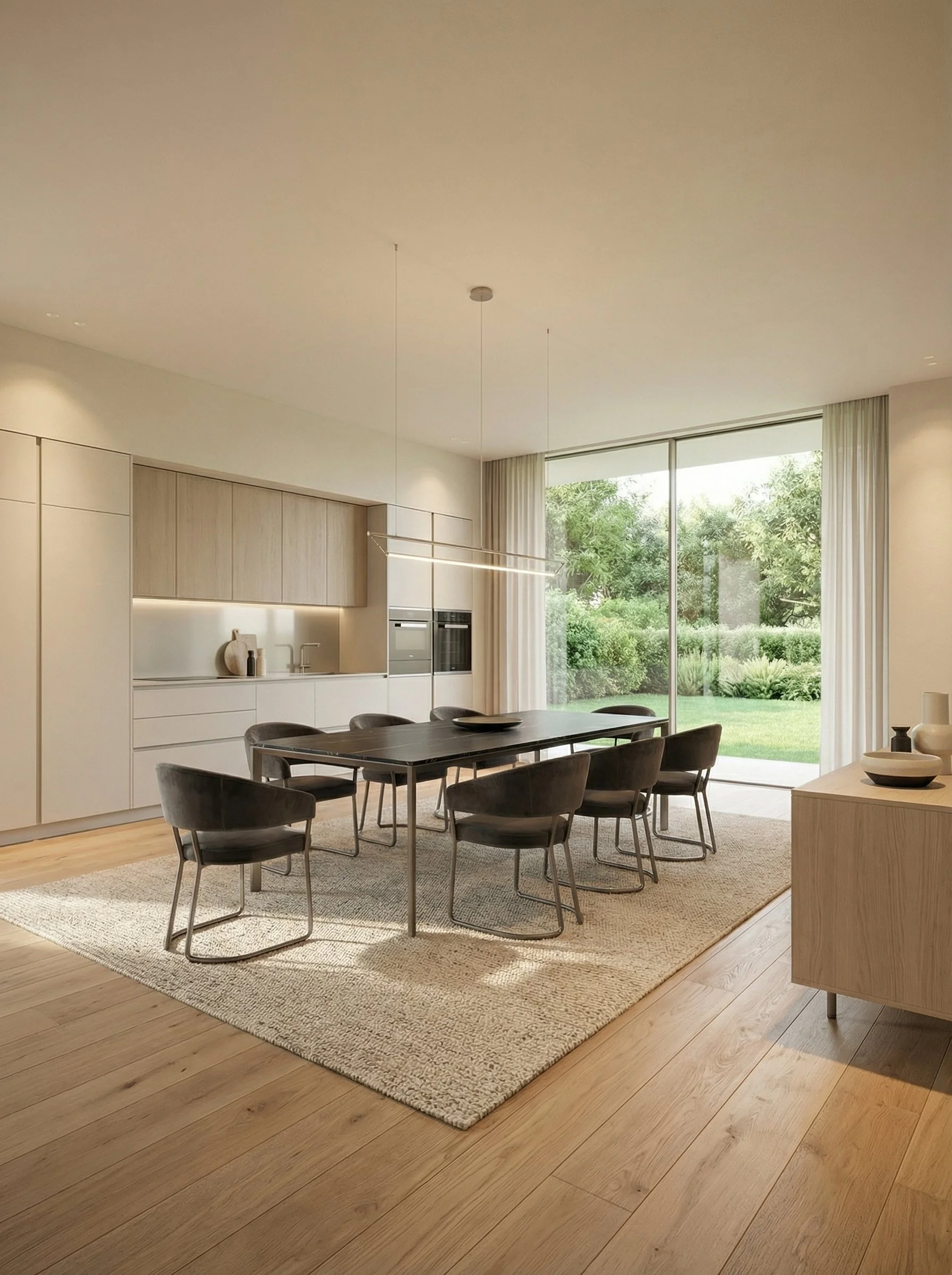 Interno elegante con sala da pranzo, tavolo nero con sedie nere, pareti chiare, grandi finestre con vista su giardino verde, pavimento in legno e soggiorno minimalista con vasi decorativi.