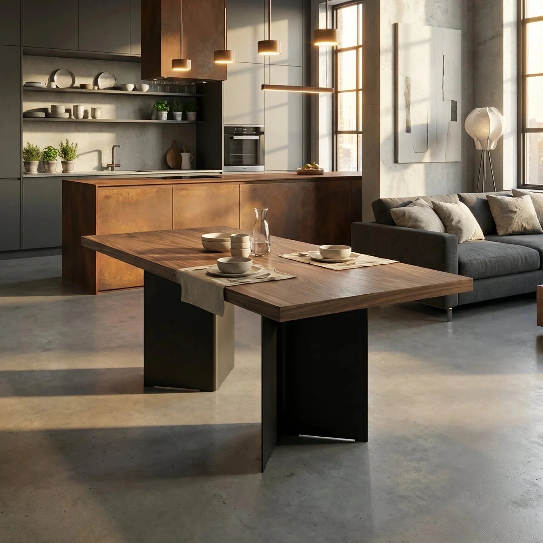 Interno di un soggiorno con angolo cucina, tavolo in legno, divano grigio e ampie finestre che lasciano entrare la luce naturale.