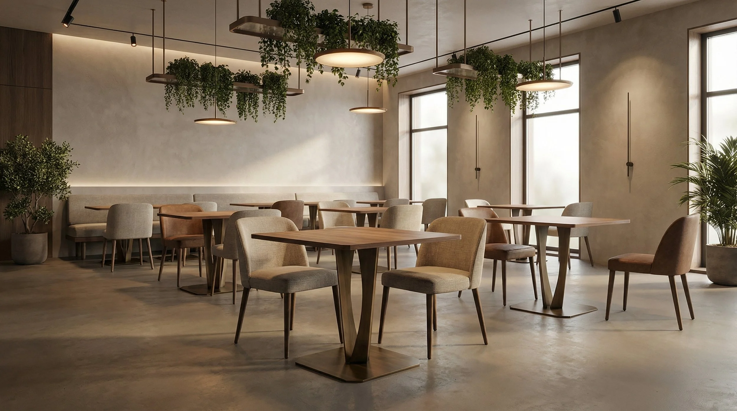 Interno di un ristorante con tavoli in legno, sedie imbottite in tonalità neutre, pianta in vaso a sinistra e grandi finestra luminosa a destra, decorazioni moderne sospese al soffitto.
