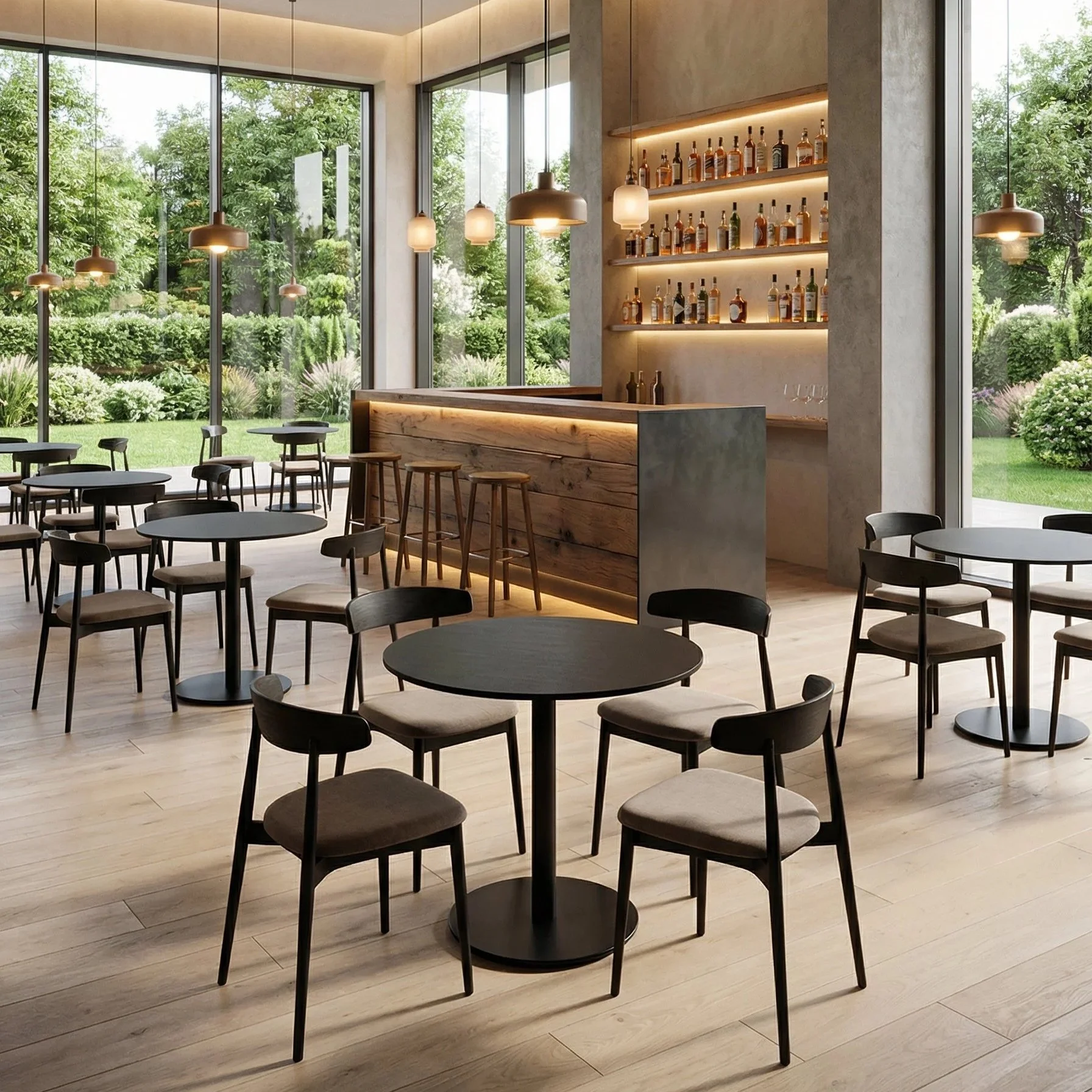 Interno di un bar moderno con tavoli rotondi e sedie di legno scuro, bancone in legno e cemento, scaffali con bottiglie di alcol, grandi finestre che affacciano su un giardino verde.