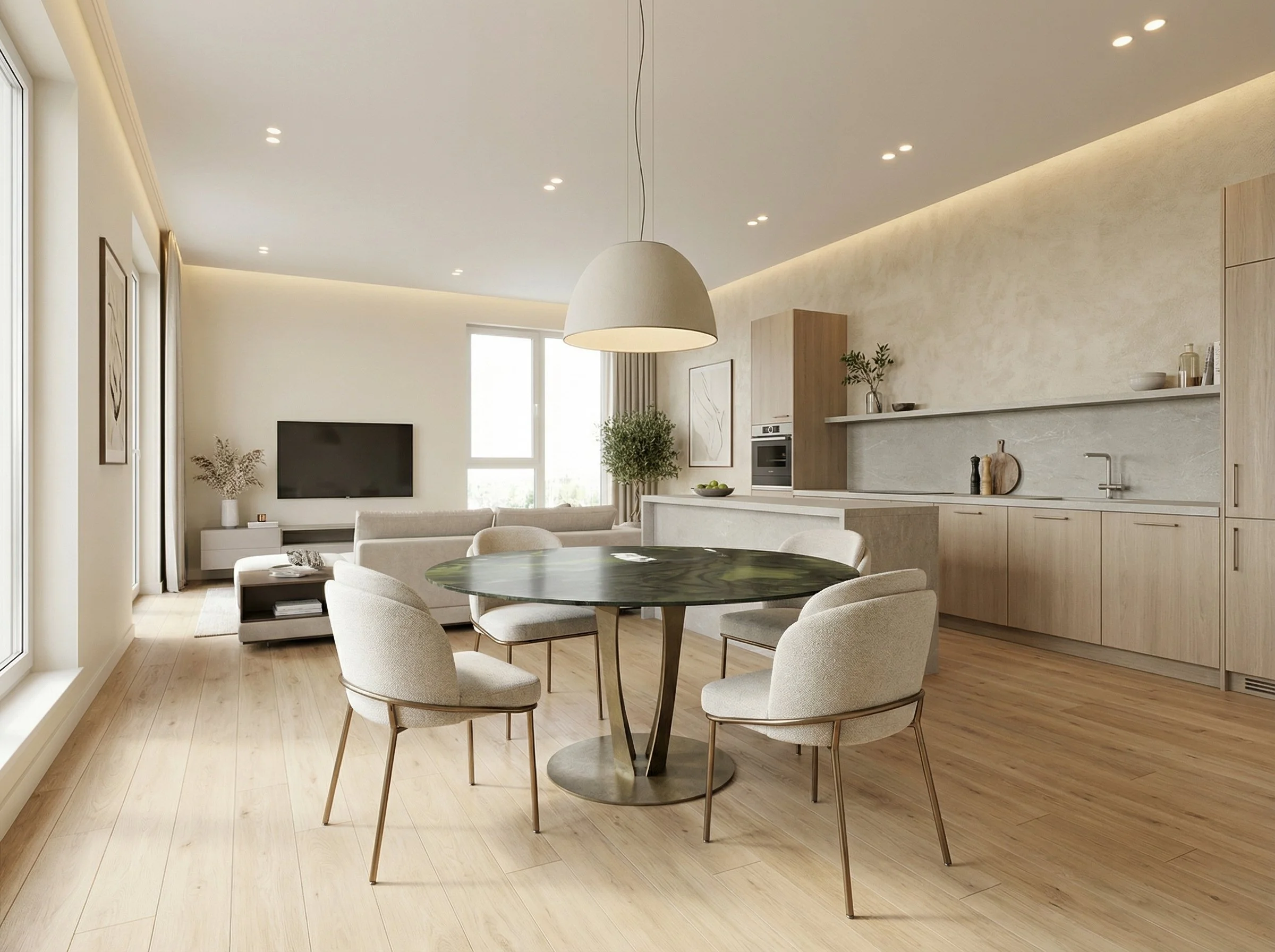 Interno di una moderna cucina e soggiorno con pavimenti in legno chiaro, pareti bianche, e mobili in legno chiaro. Al centro, un tavolo rotondo con sedie avvolgenti di colore beige. La cucina è lineare con ripiani aperti decorati con piante e oggetti decorativi. Sul lato sinistro, una grande finestra permette la luce naturale, e al centro del soggiorno, una televisione su un mobile bianco con una pianta decorativa accanto.