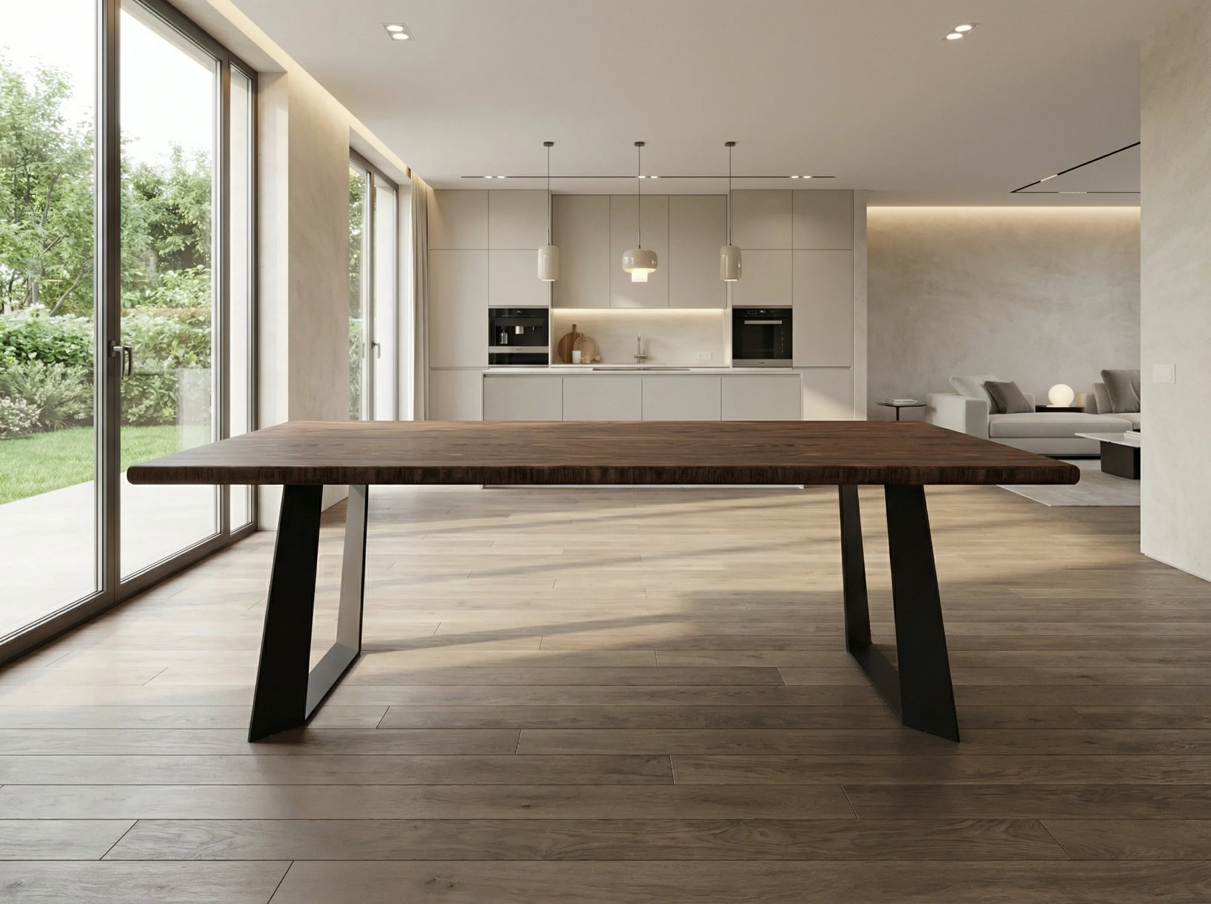 Interno di una casa moderna con cucina a vista e soggiorno, grande tavolo in legno al centro, pareti bianche, soggiorno con divani e lampade a terra, grandi finestre sul verde esterno.