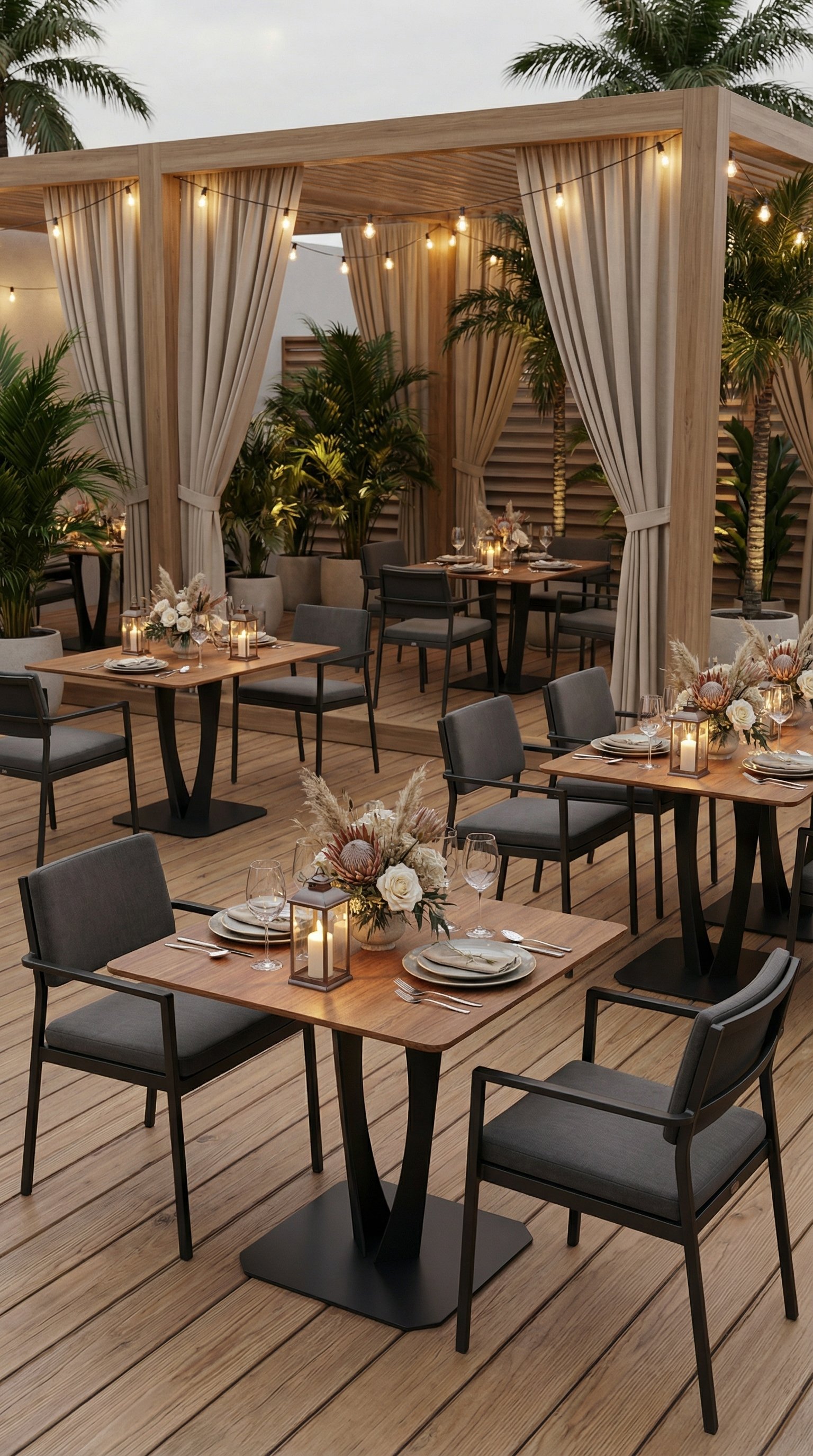 Un'area pranzo esterna con tavoli in legno, candele e composizioni floreali, circondata da tende beige, piante tropicali e luci calde a incandescentina, sotto un cielo nuvoloso.