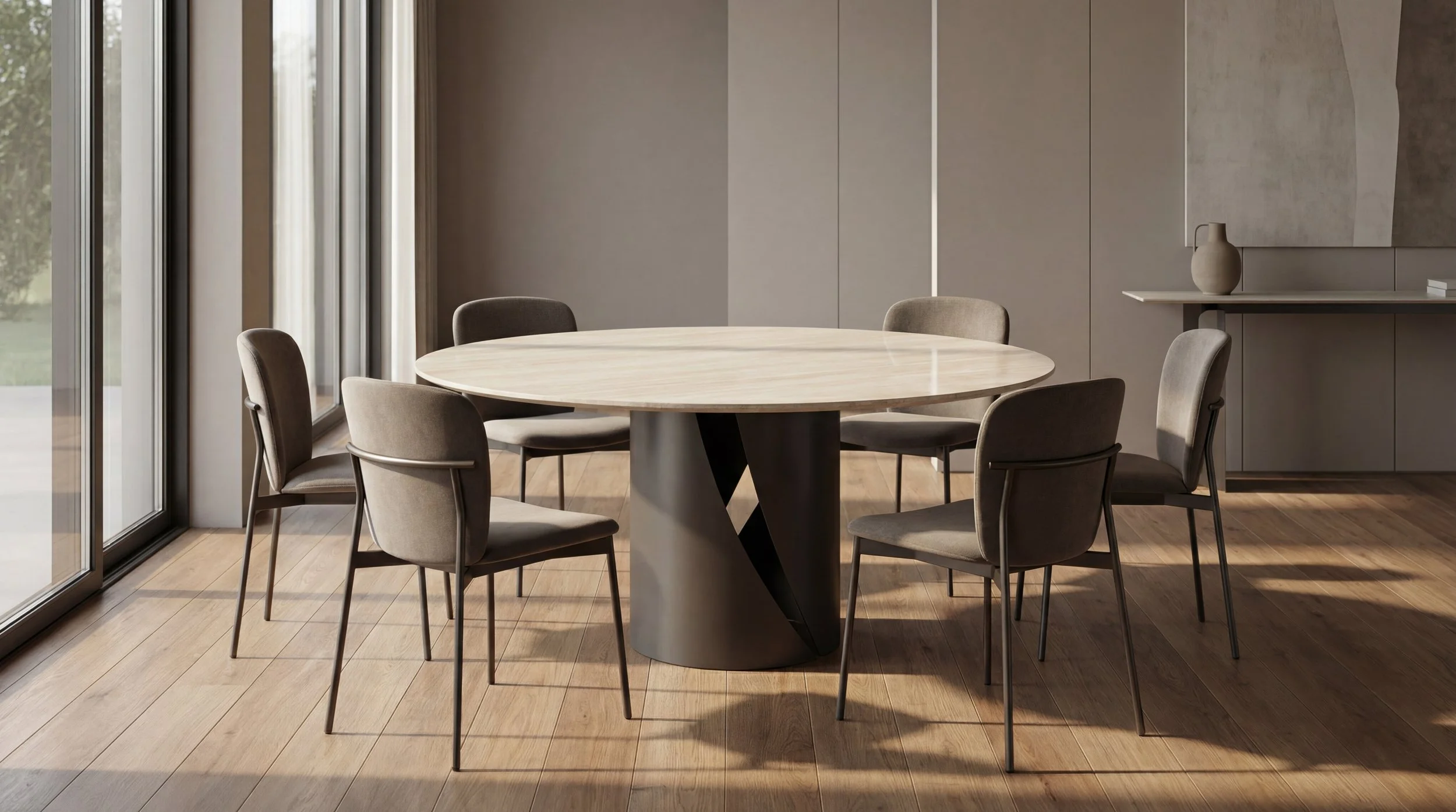 Tavolo rotondo in legno chiaro con sei sedie imbottite e rivestite in tessuto grigio, ambiente luminoso con pareti beige e grande finestra con tende chiare.