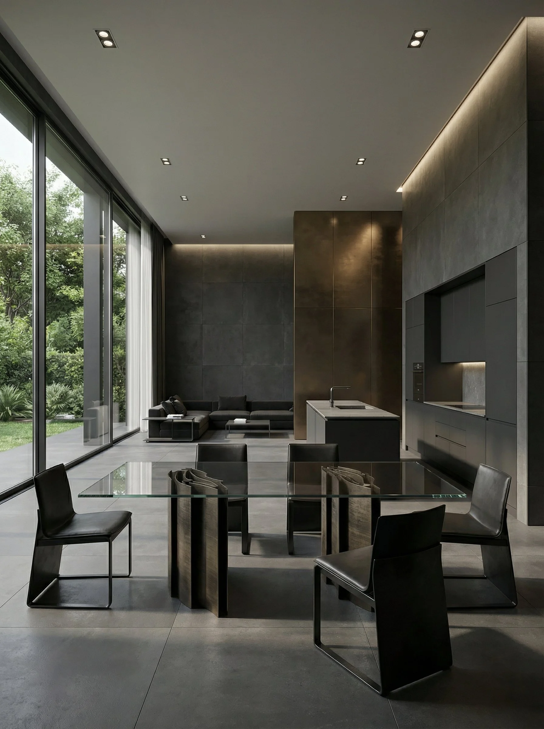 Interno di una stanza moderna e minimalista con grandi finestre che affacciano su un giardino, arredato con un tavolo in vetro, sedie nere, un divano nero e una cucina integrata in tonalità scure.
