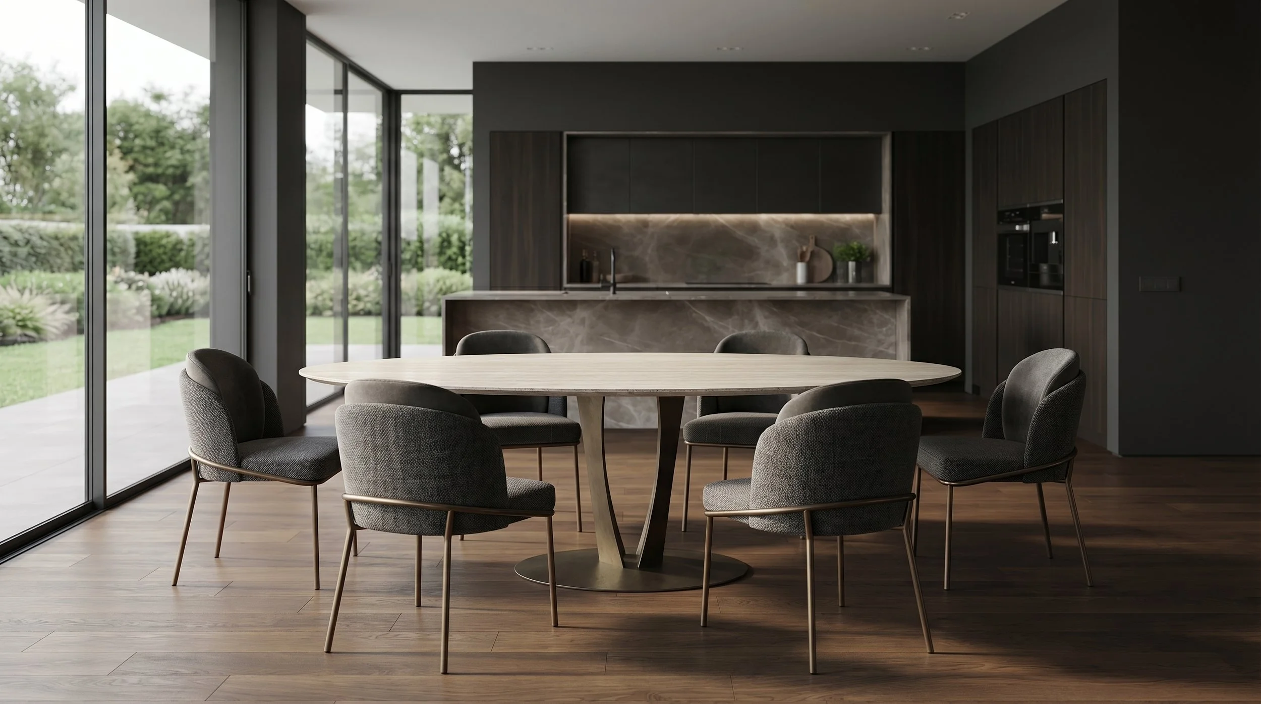 Interno di una cucina moderna con tavolo rotondo e sedie grigie, grande finestra che guarda un giardino verde, mobili di design in tonalità scure e pavimento in legno.