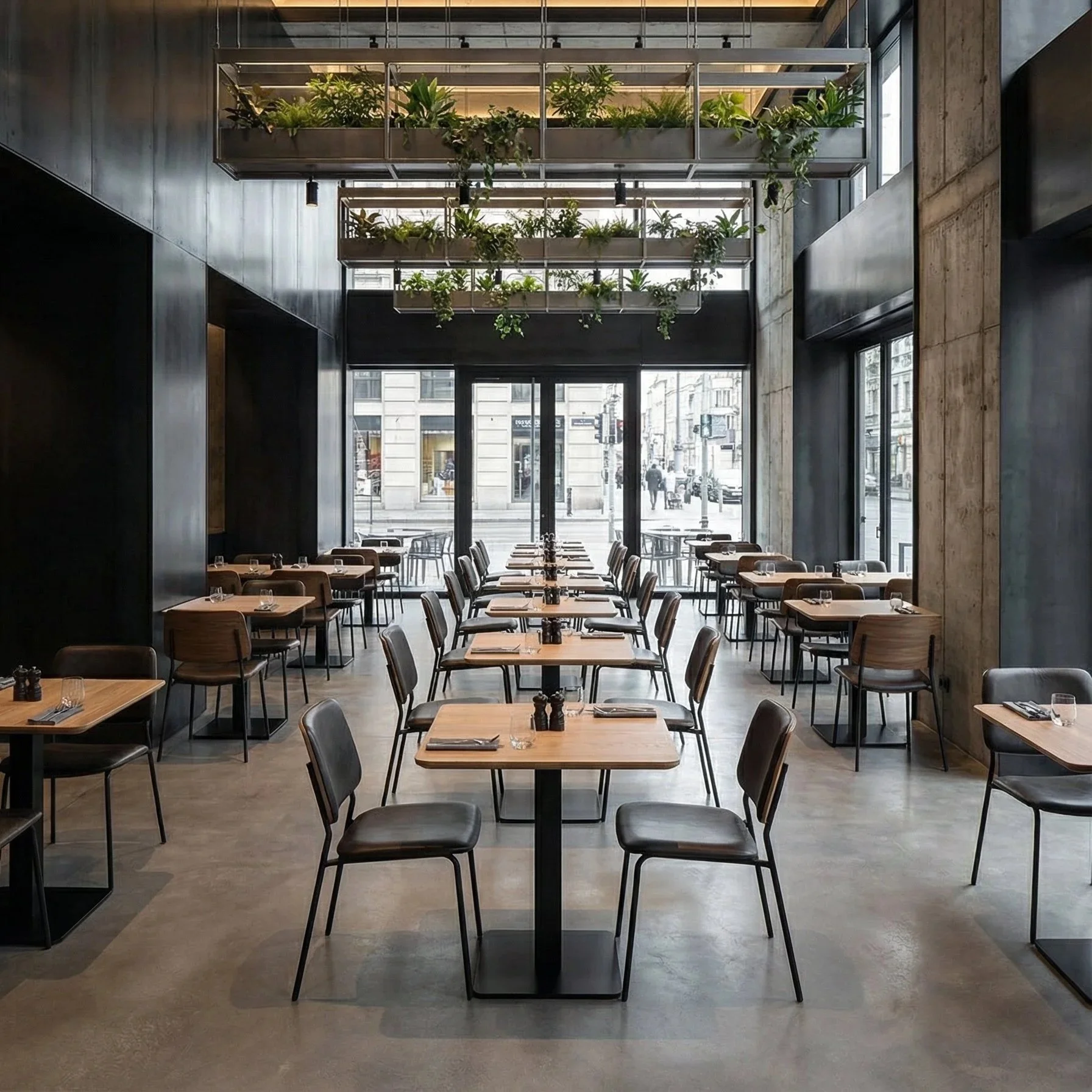 Interno di un ristorante moderno con tavoli di legno, sedie nere e grandi vetrate che affacciano sulla strada urbana; sopra, piante verdi in contenitori sospesi.