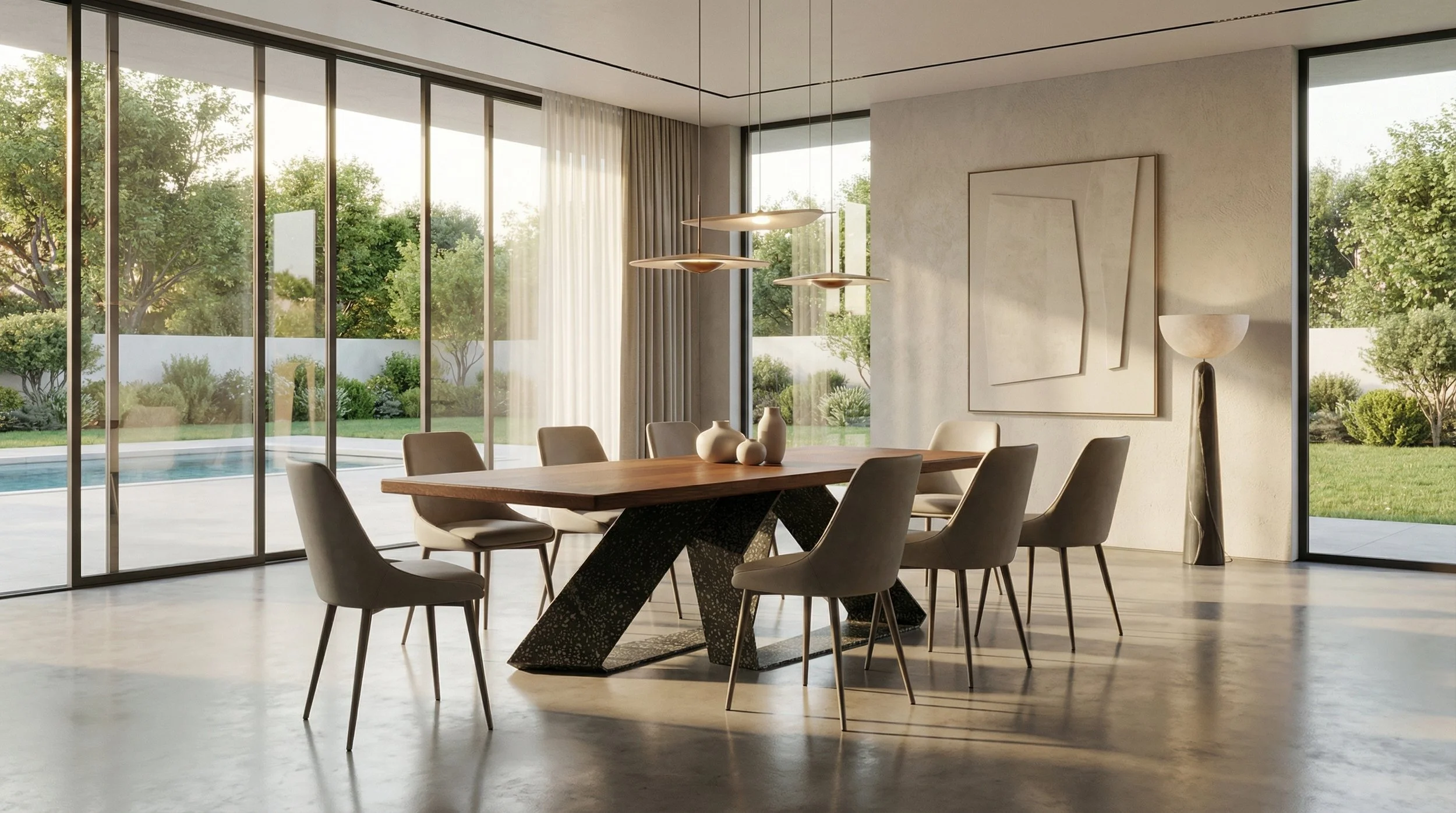 Sala da pranzo moderna con tavolo in legno e sedie imbottite, grandi finestre con vista sul giardino, lampade sospese e scultura con lampada da terra.