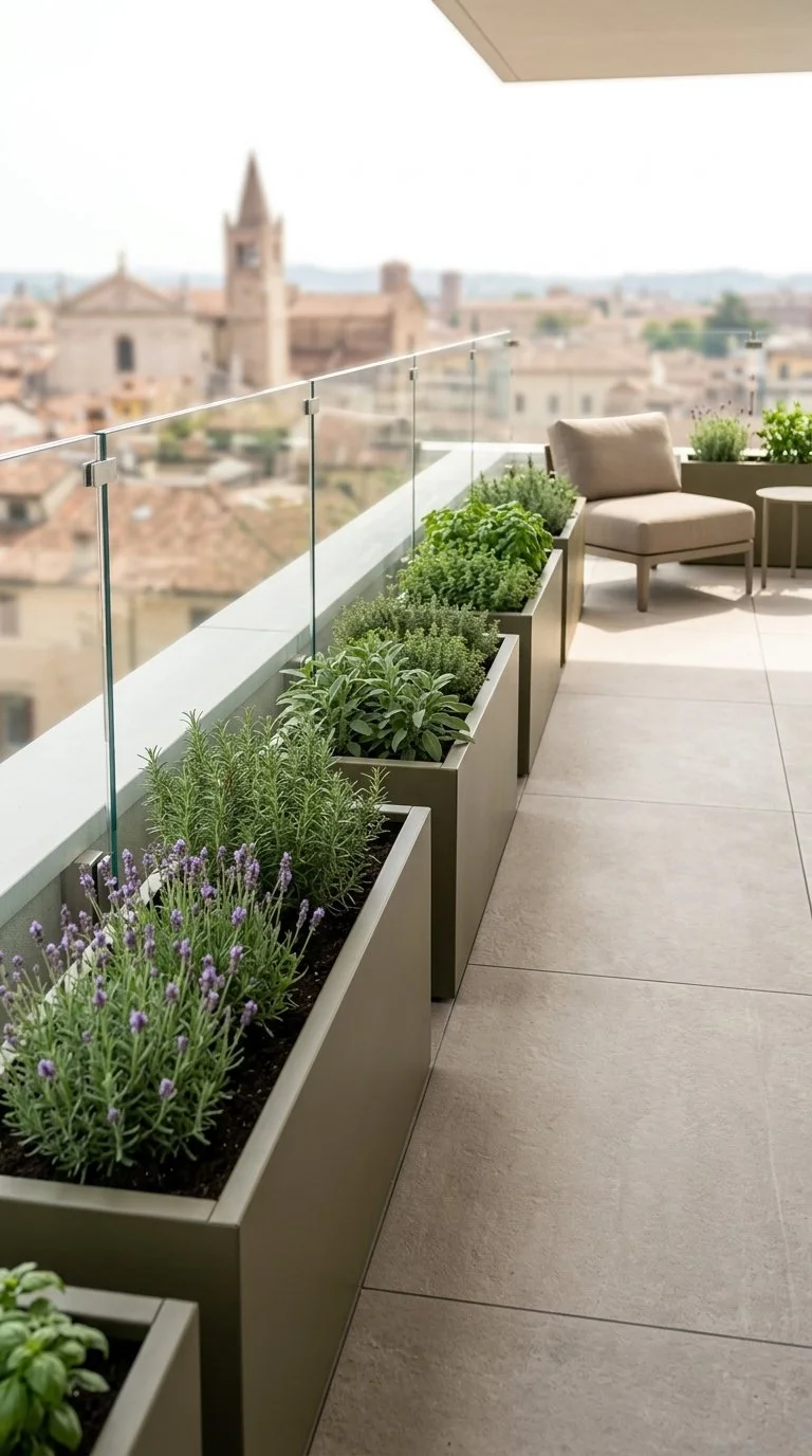 Balcone con bordo in vetro, piante aromatiche in vasi rettangolari e poltrona con cuscino, vista su un paesaggio urbano con chiesa in lontananza.
