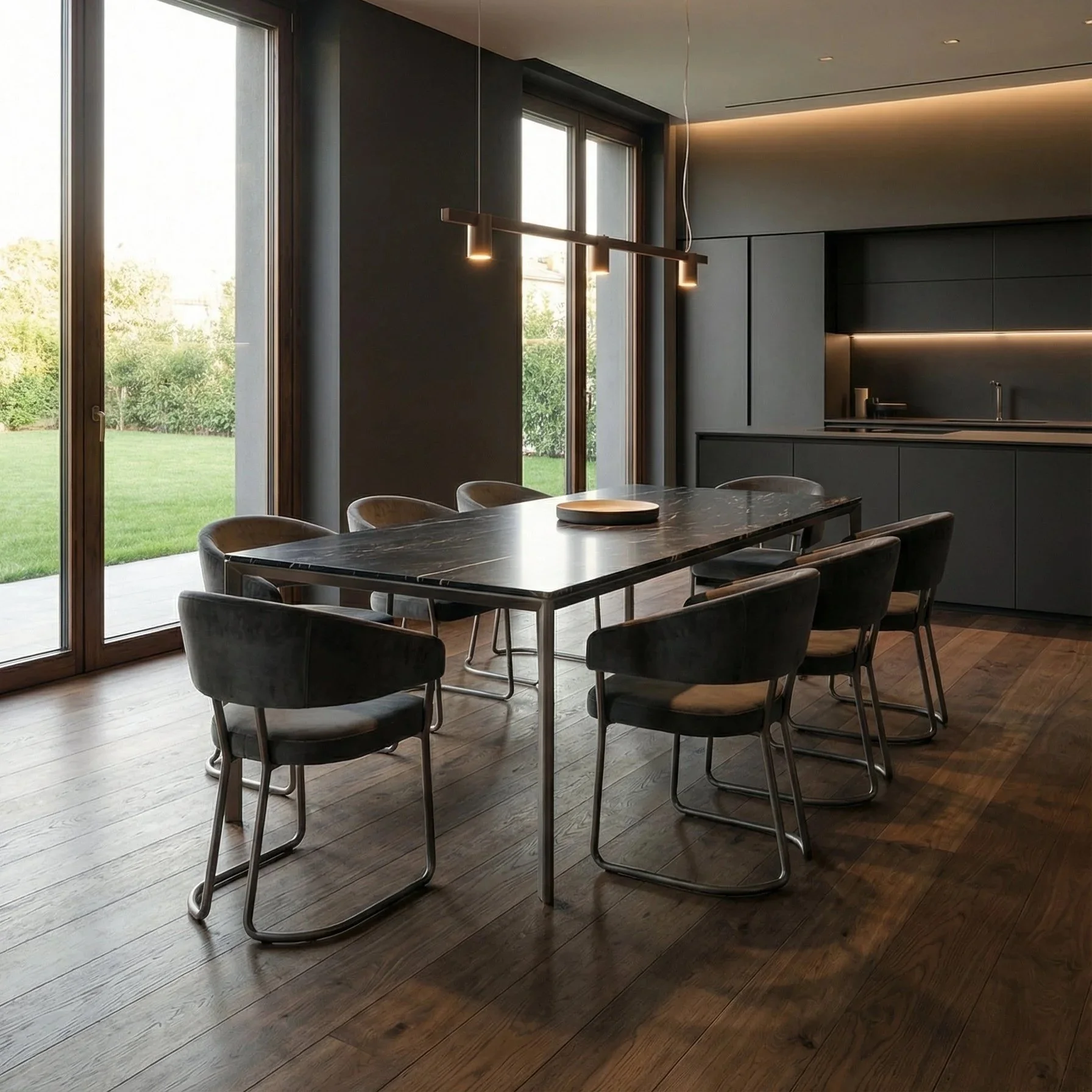 Interno di una cucina moderna con tavolo nero e sedie nere, grandi finestre che danno su un giardino verde.