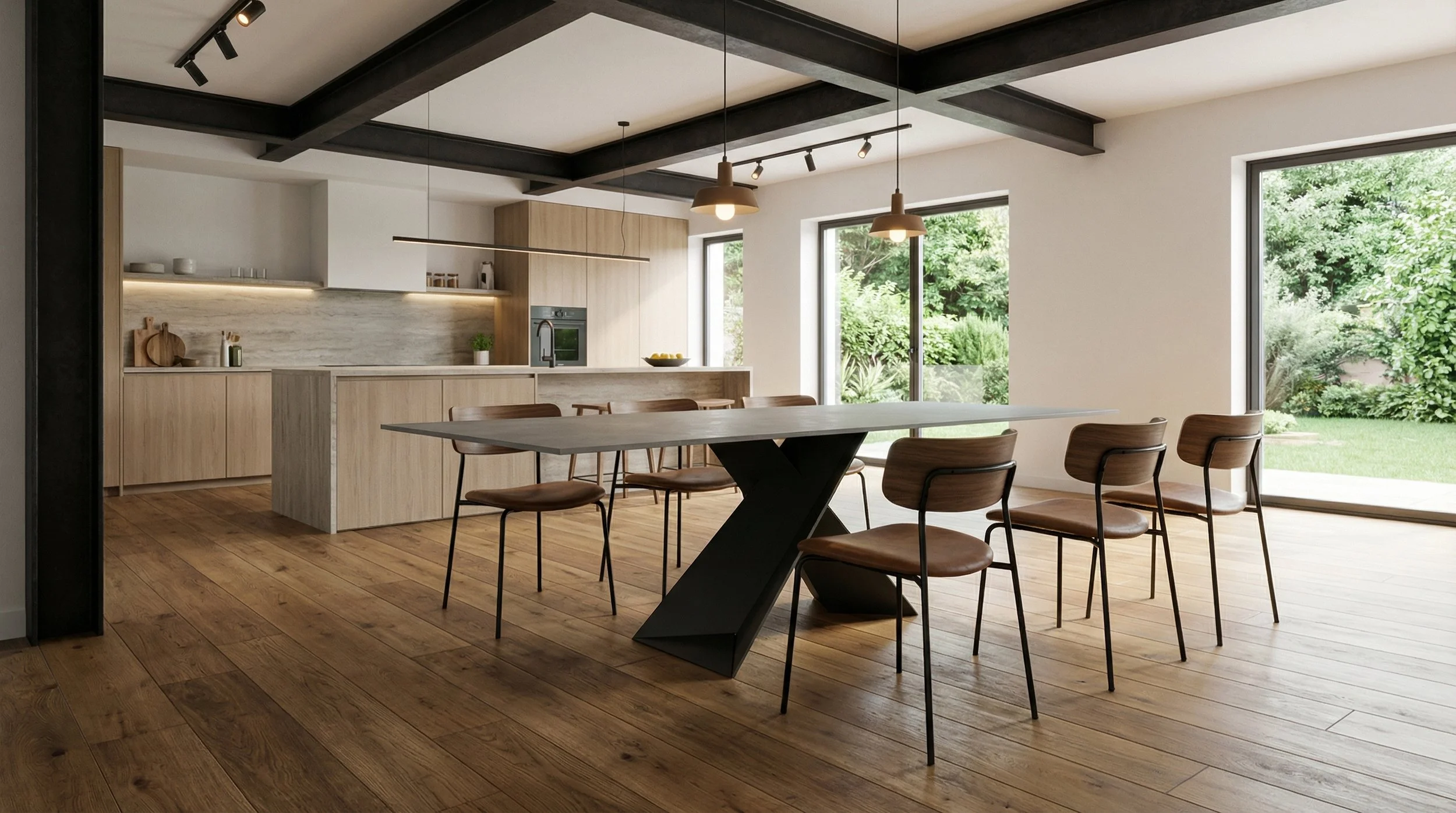 Interno minimalista di una cucina e sala da pranzo con tavolo, sedie in legno, pavimento di legno e grandi finestre che si affacciano su un giardino verde.