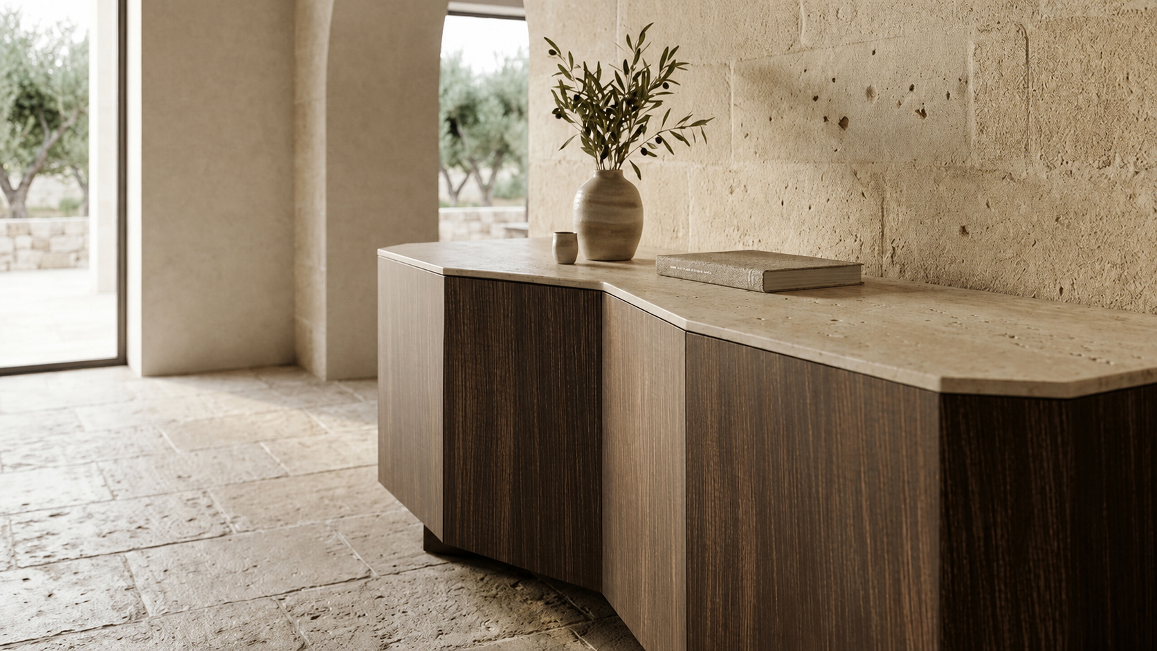 Dettaglio madia Sigma con top in gres e rivestimento in metallo color bronzo