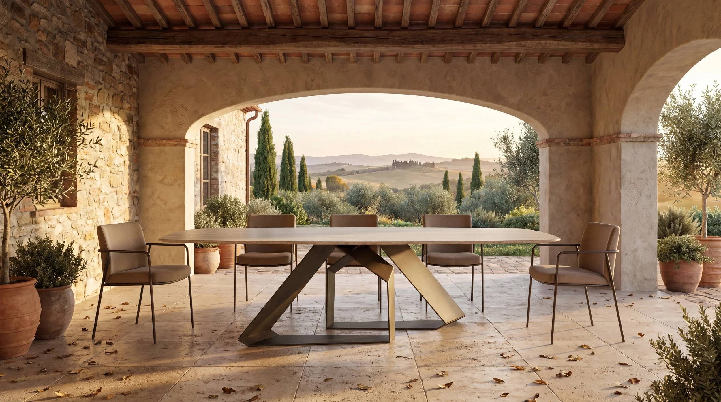 Tavolo LeRuote in Toscana sotto la barchessa con piano in grès e base in metallo