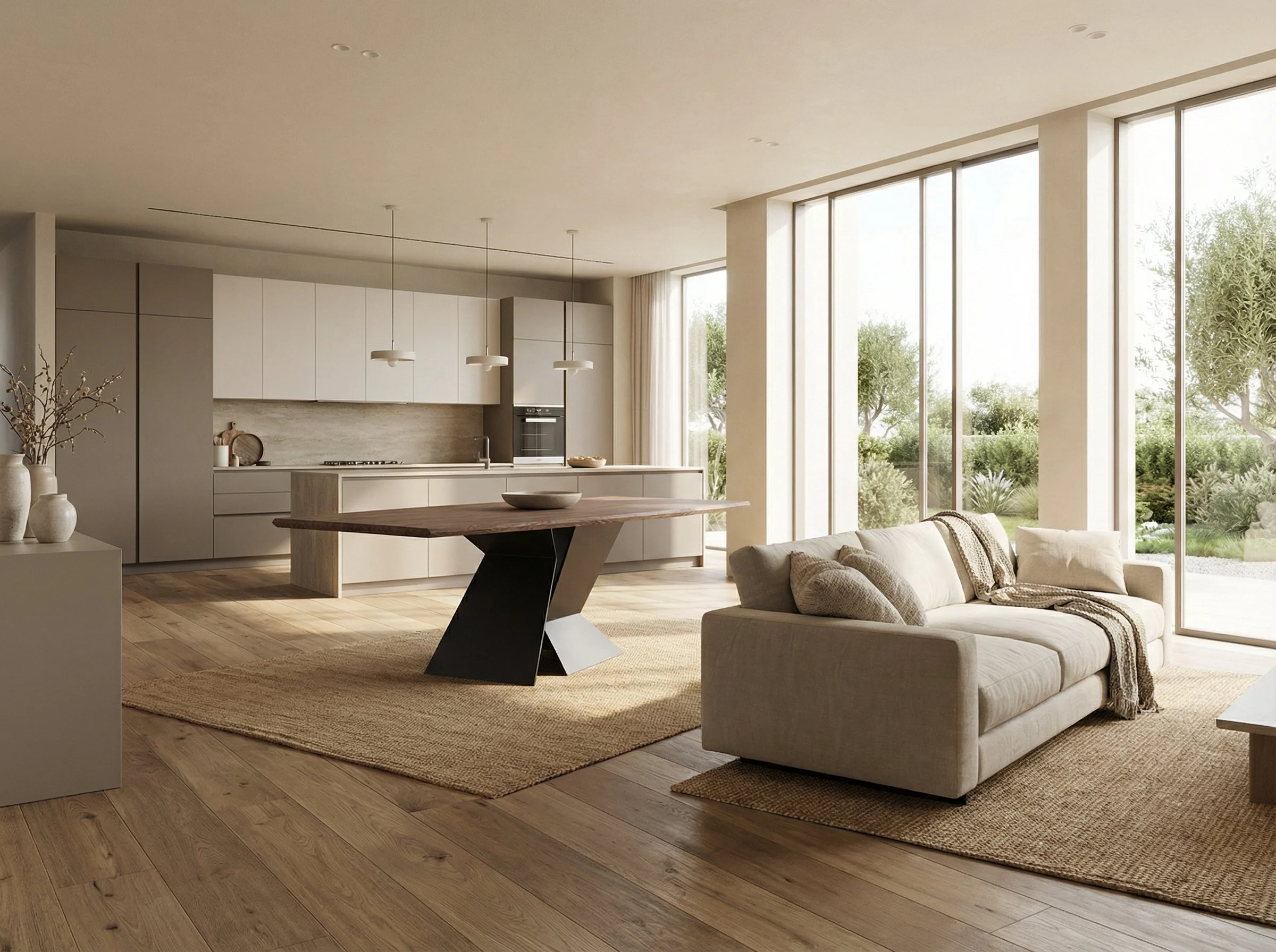 Interno di una casa con stanza aperta che include cucina e soggiorno, grandi finestre che guardano un giardino verde, arredamento minimalista con divano beige e tavolo in legno.