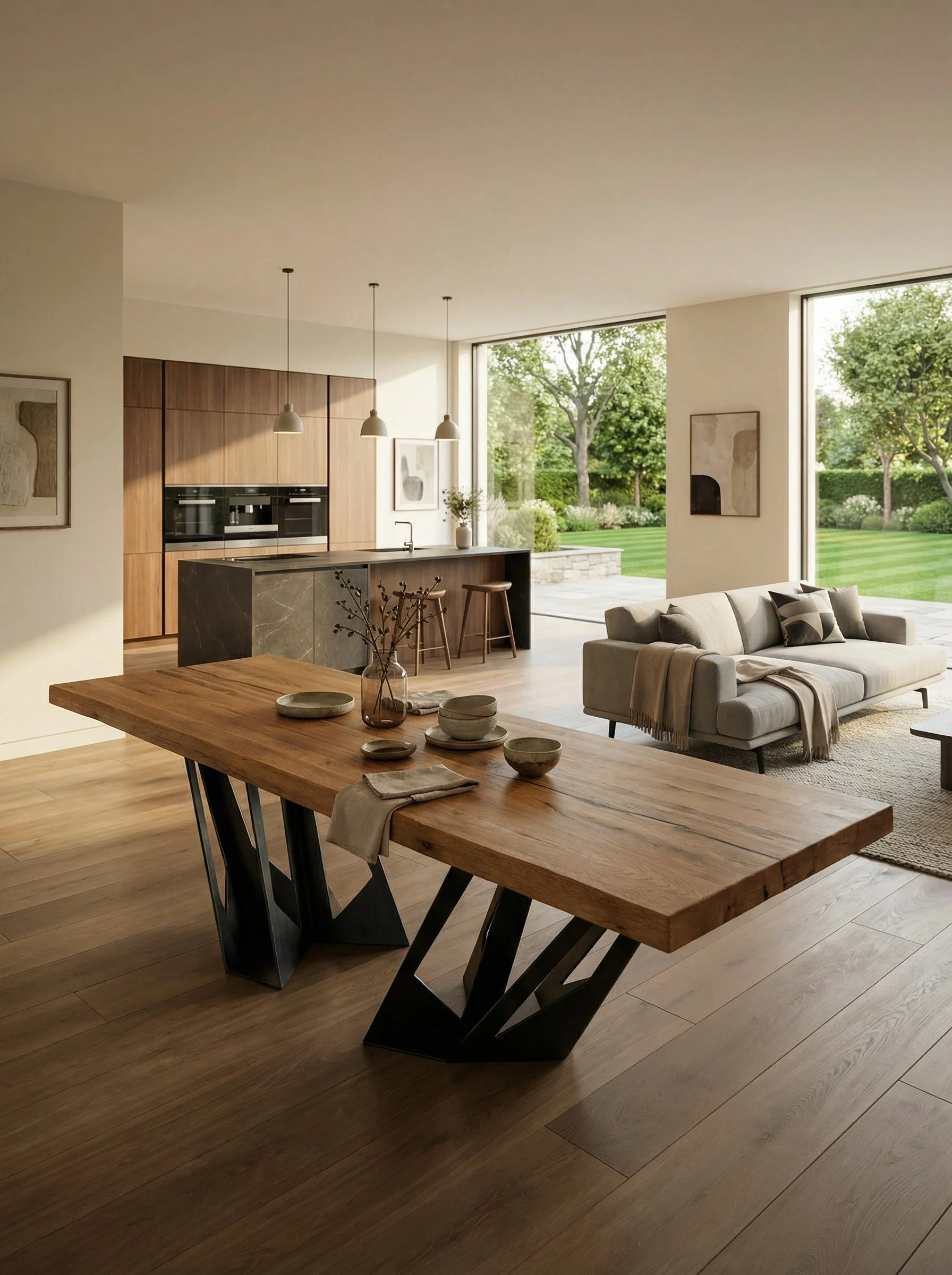 Interno di una casa moderna con cucina e soggiorno, grande tavolo in legno con ciotole e vasi decorativi, divano beige con cuscini, grandi finestre che mostrano un giardino con alberi e prato verde.