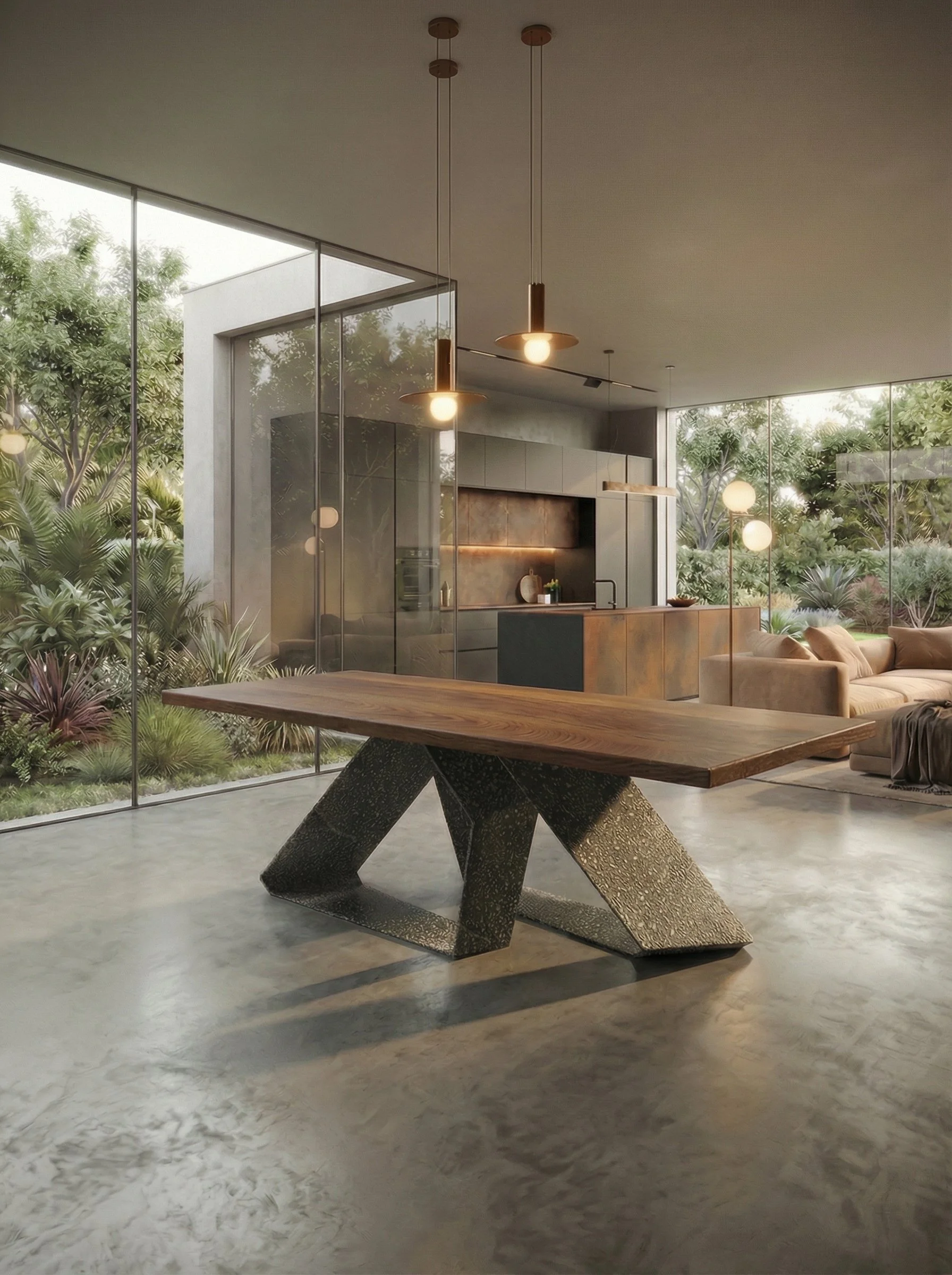 Interno moderno con grande finestra che mostra un giardino, tavolo di legno con base particolare, zona soggiorno con divani beige, cucina in stile minimalista.