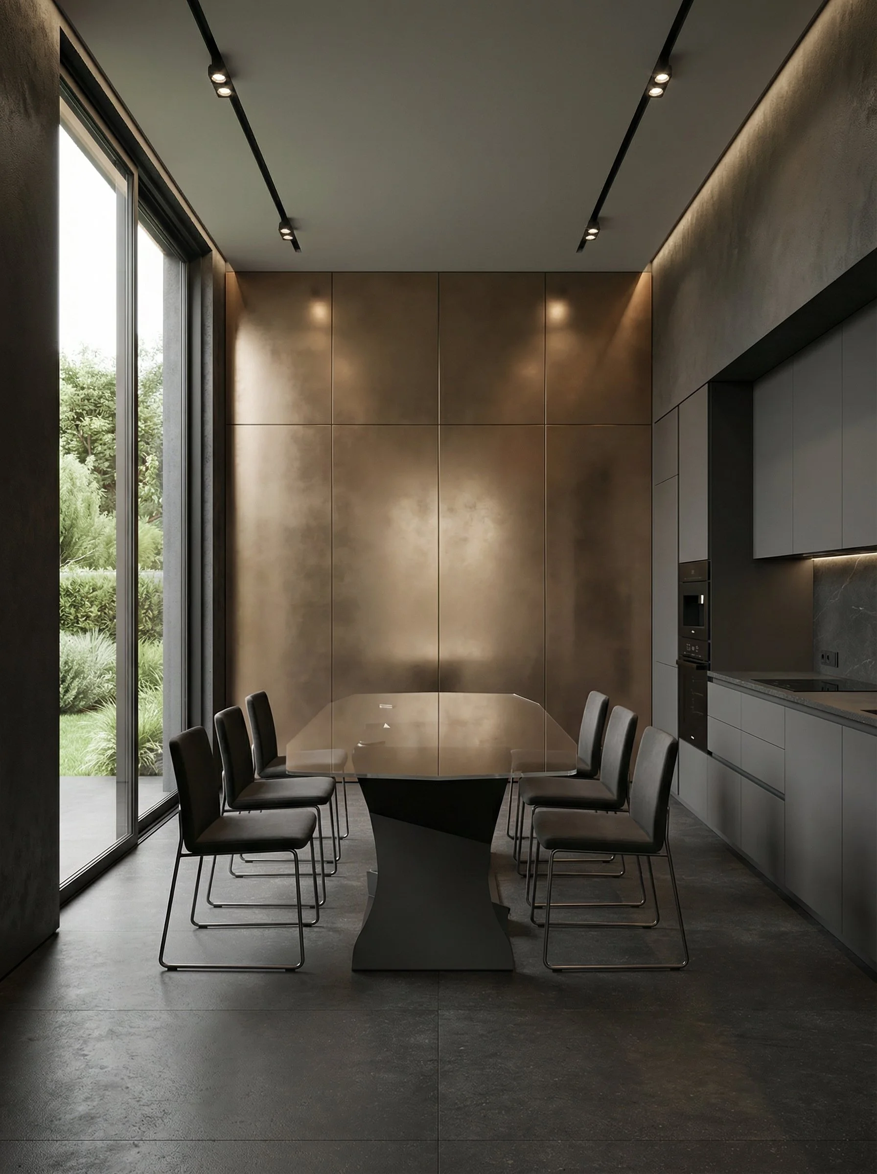 Interno di una cucina moderna con pareti in lamiera color oro, grandi finestre che danno su un giardino verde, un tavolo in vetro e sedie nere.