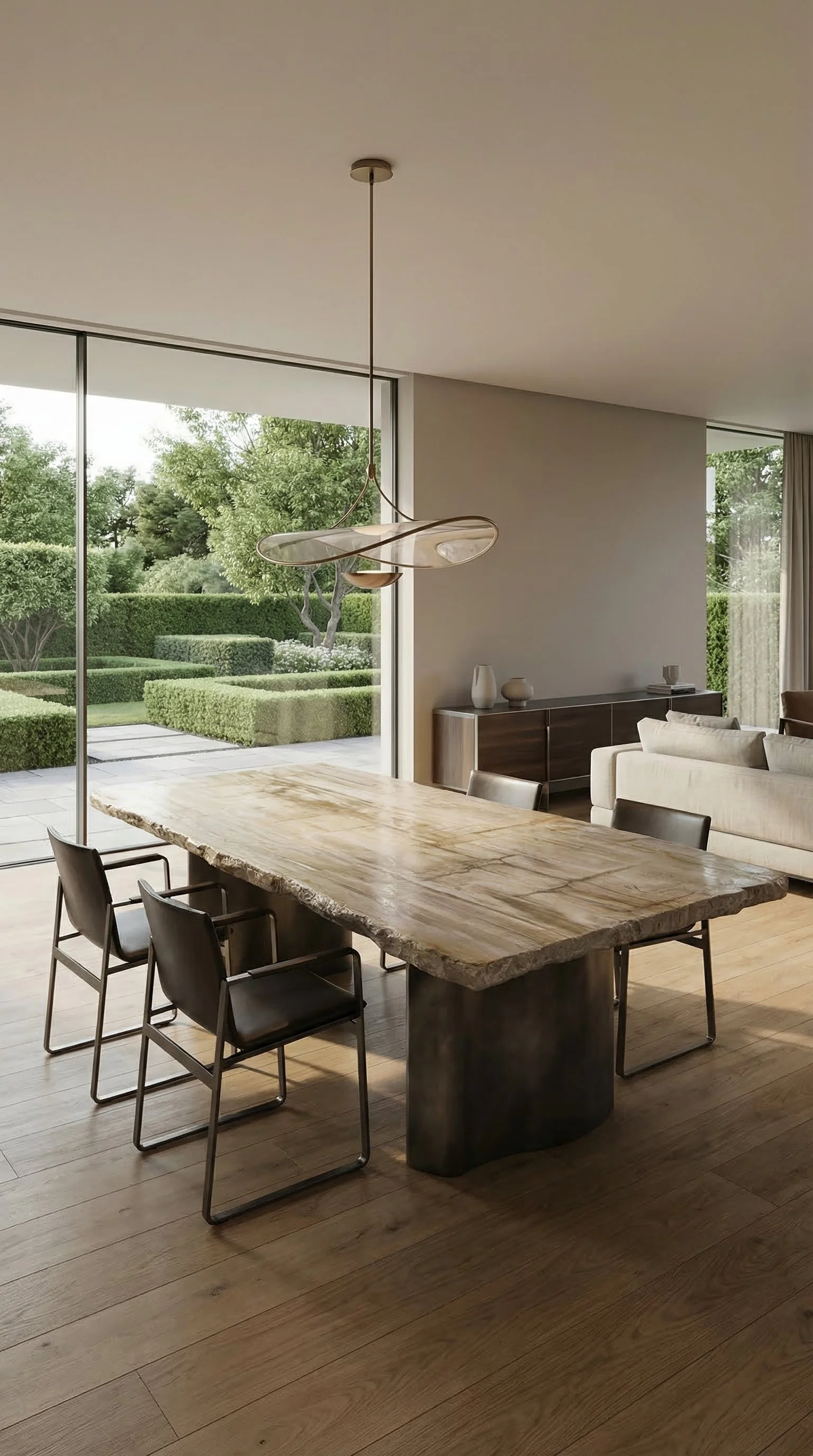 Interno di una stanza moderna con tavolo in pietra e sedie nere, grande finestra che guarda un giardino con cespugli e alberi.