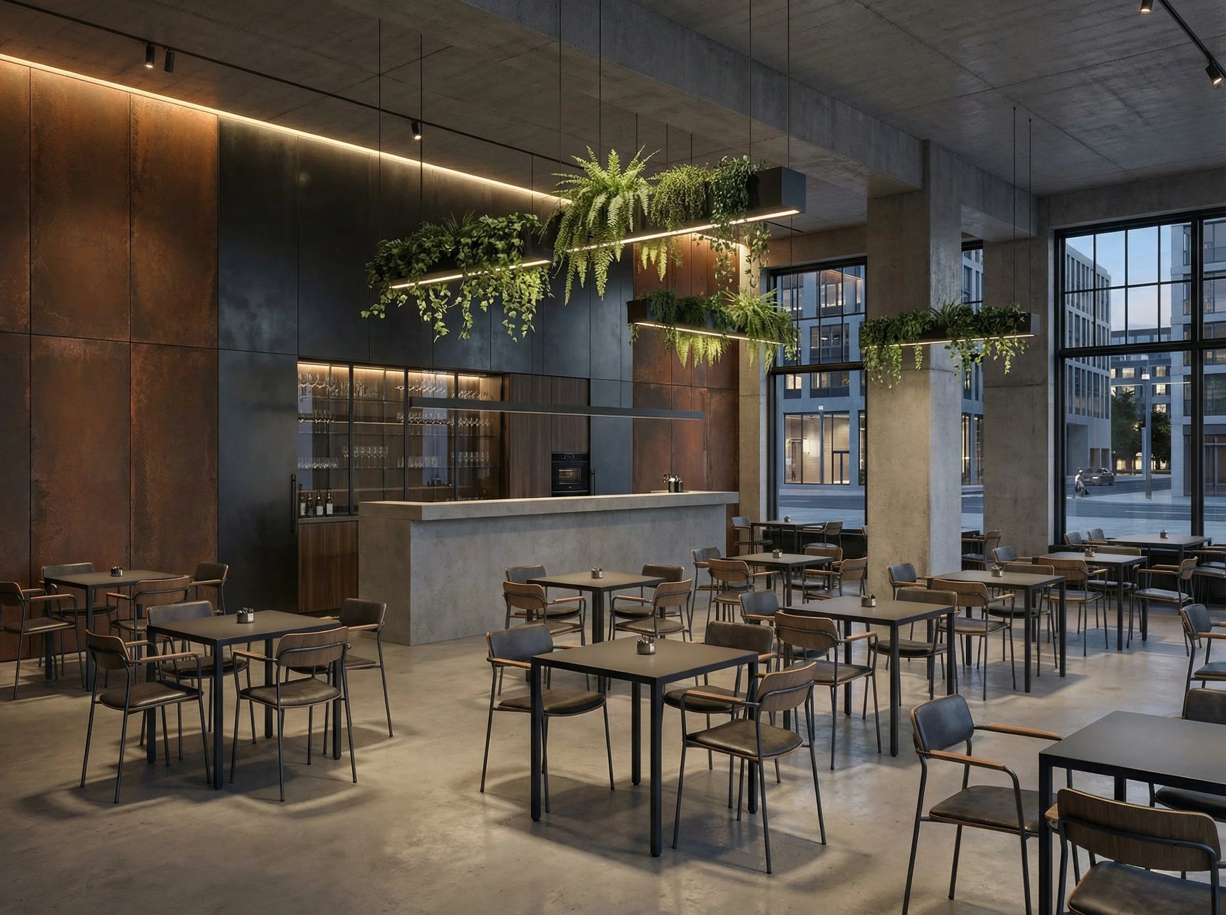 Interno di un ristorante moderno con ampie finestre, tavoli in nero, sedie di legno e pianta verde sopra il bancone bar in cemento.