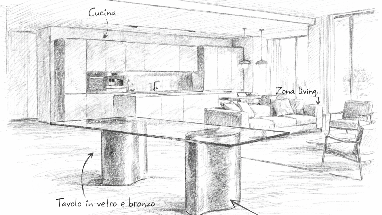 Bozzetto di un ambiente soggiorno e cucina con aria moderna, comprensivo di tavolo in vetro e bronzo, area living con divano e poltrona, cucina con armadi e elettrodomestici, e punti luce sospesi.