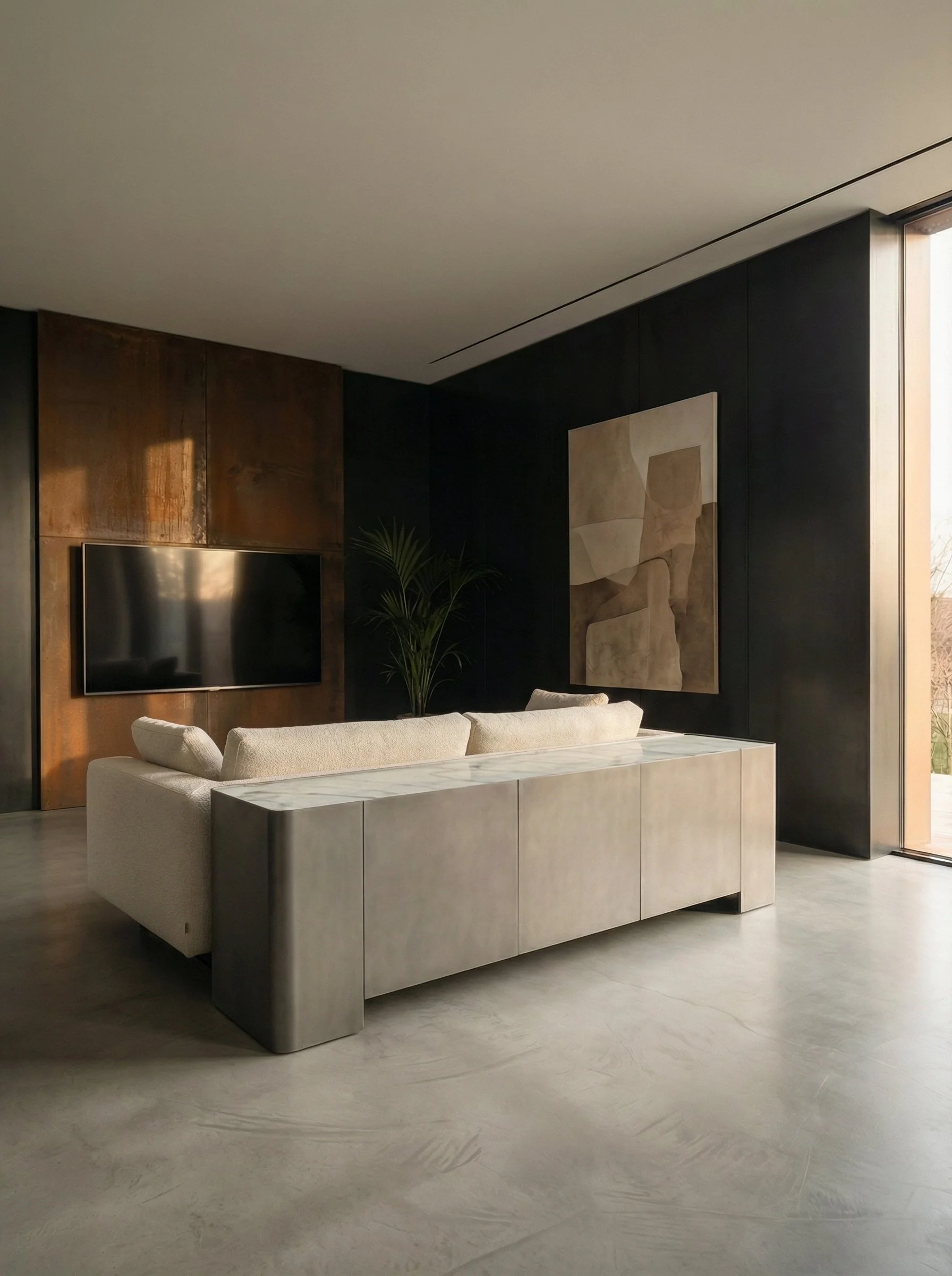 Soggiorno moderno con divano bianco, pareti nere con quadro astratto e televisore, pianta verde e grandi vetrate.