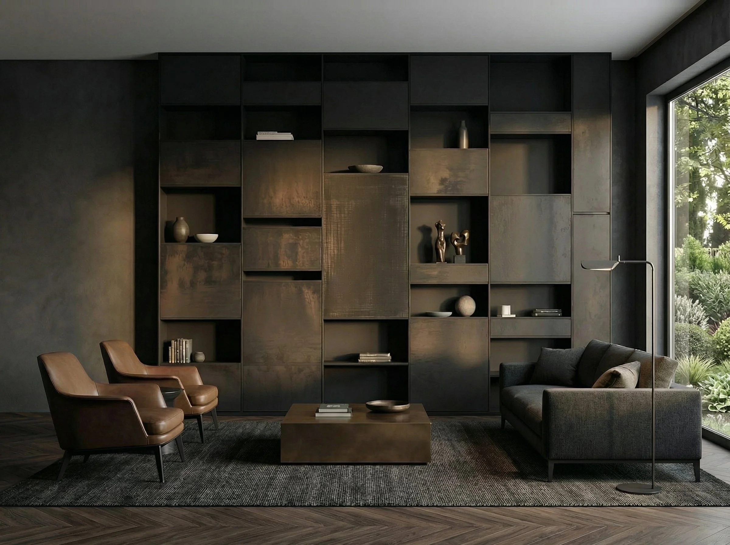 Soggiorno moderno con parete attrezzata nera, divano grigio, due poltrone marroni e tavolino di legno, lampada da terra nera, grande finestra con vista su giardino verde.