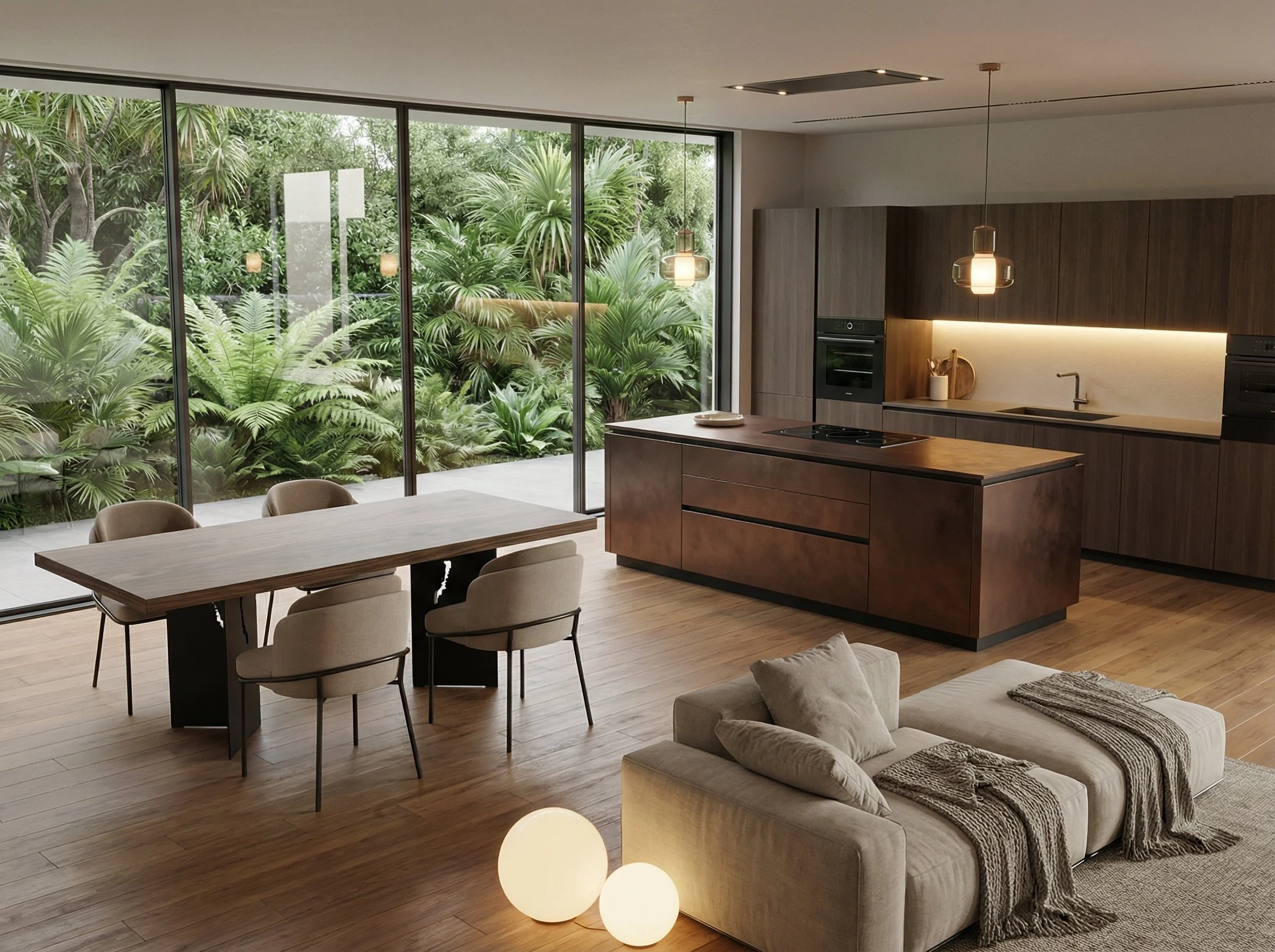 Interno di una cucina moderna con grandi finestre che mostrano giardino verde.