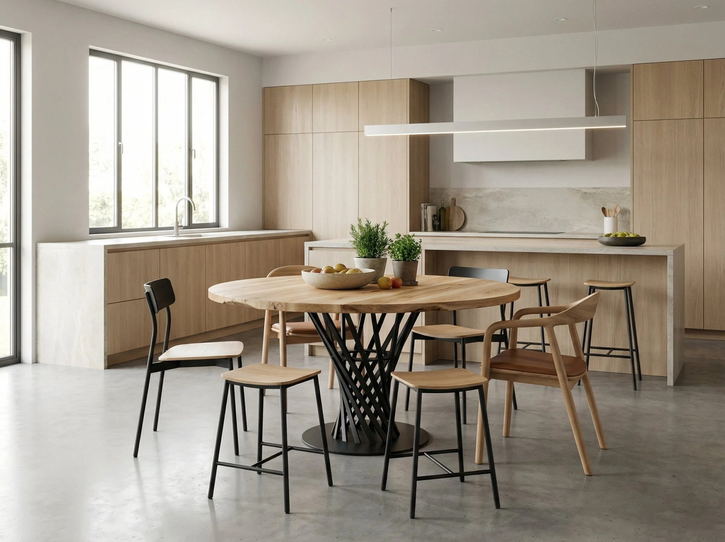 Cucina moderna in tonalità chiare con grande finestra, tavolo rotondo in legno con sedie miste, piante e oggetti decorativi.