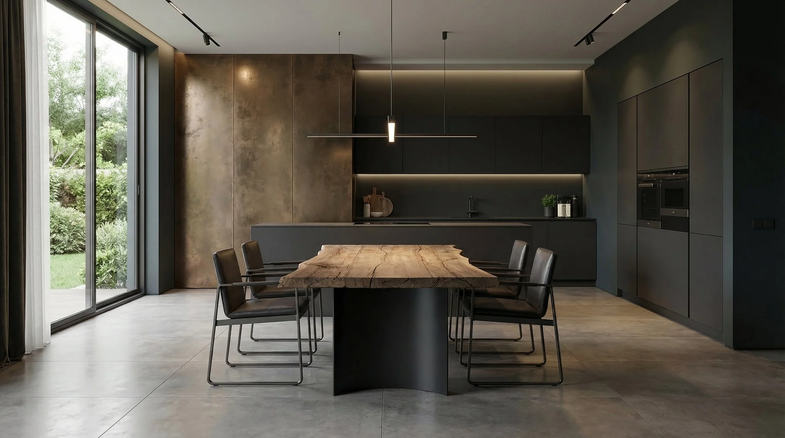 Cucina moderna con pareti nere e armadi neri, tavolo in legno grezzo con sei sedie di metallo e pelle, grande finestra scorrevole che affaccia su un giardino verde, illuminazione minimalista a sospensione.