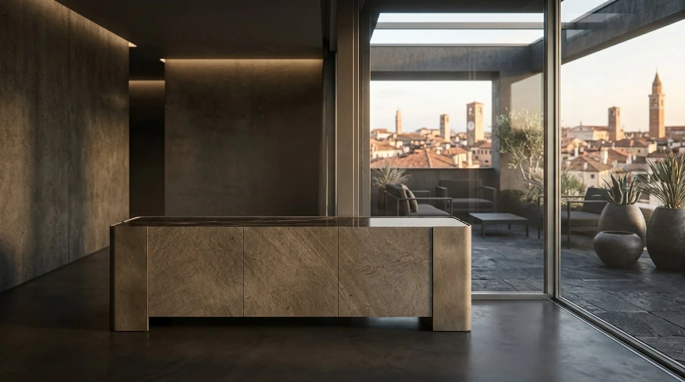 Interior moderno con grande finestra che mostra una terrazza e una vista sulla città con torri e campanili, arredi minimalisti e piante in vasi.