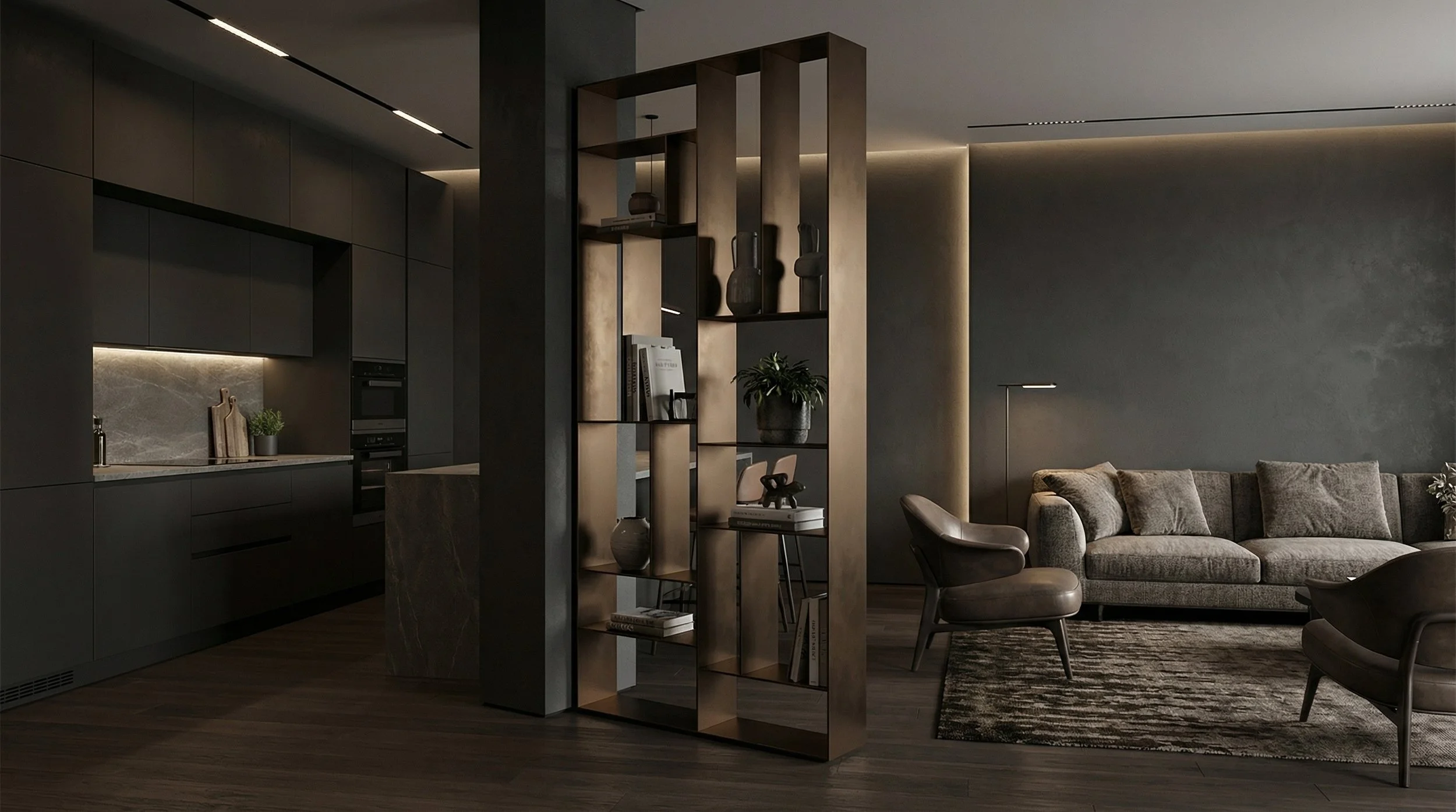 Interno di un soggiorno moderno con pareti grigie, divano a tre posti sul lato destro, sedia di design, tappeto e una libreria in metallo con piante e libri al centro, cucina con piano in marmo scuro e armadietti neri sul lato sinistro.