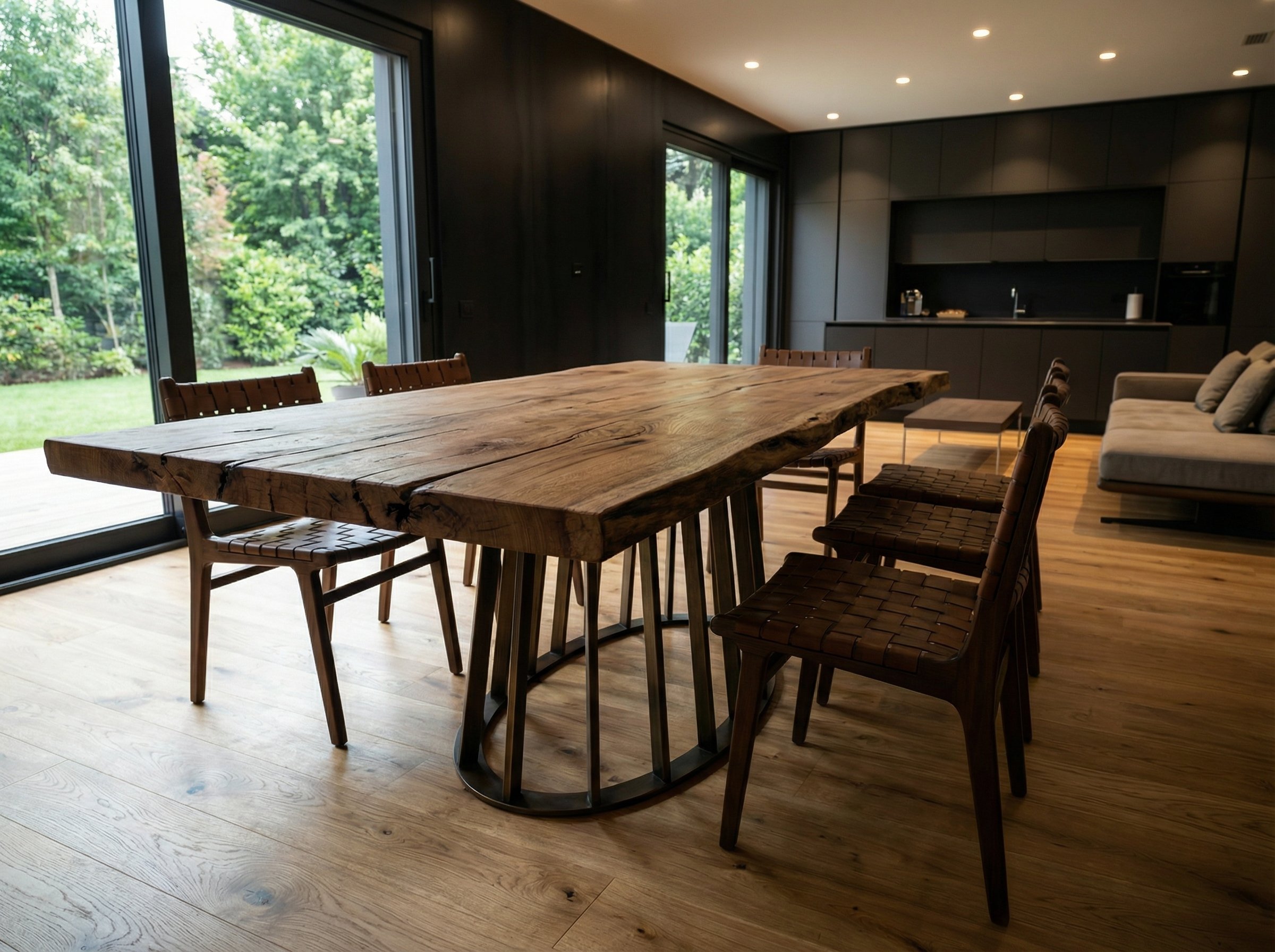 Interno di una cucina moderna con grande tavolo in legno e sedie in legno, grandi finestre che affacciano su un giardino verde. Ambiente con pavimento in legno e pareti scure.
