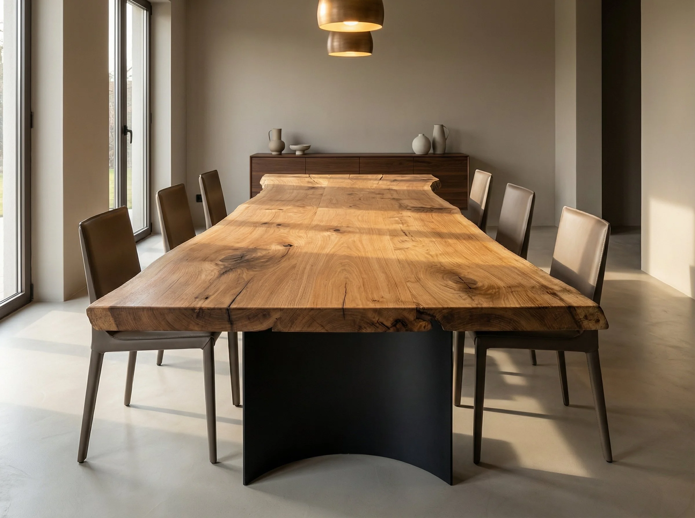 Sala da pranzo con tavolo in legno massiccio e sedie di legno, decorazioni minimaliste e grandi finestre che lasciano entrare molta luce naturale.