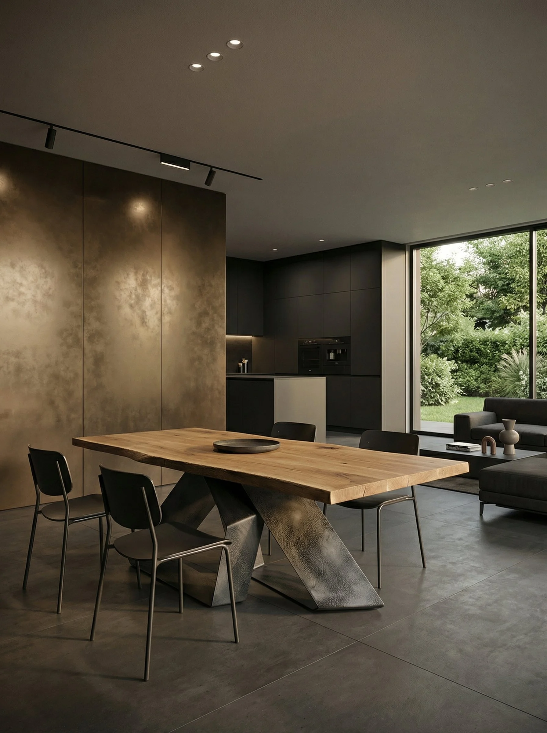 Interno di una moderna casa con tavolo in legno e sedie nere, cucina nera, grandi vetrate con vista sul giardino verde.