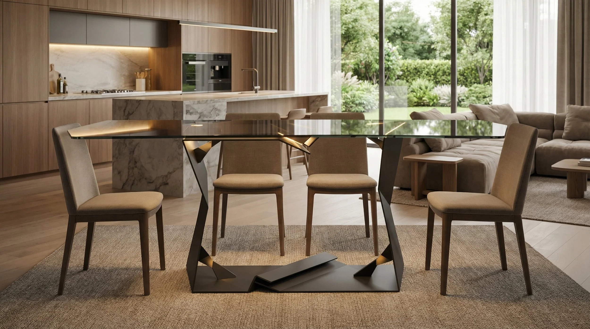 Sala da pranzo moderna con tavolo in vetro e sedie imbottite, cucina in background con isola in marmo, grande finestra con vista sul giardino verde